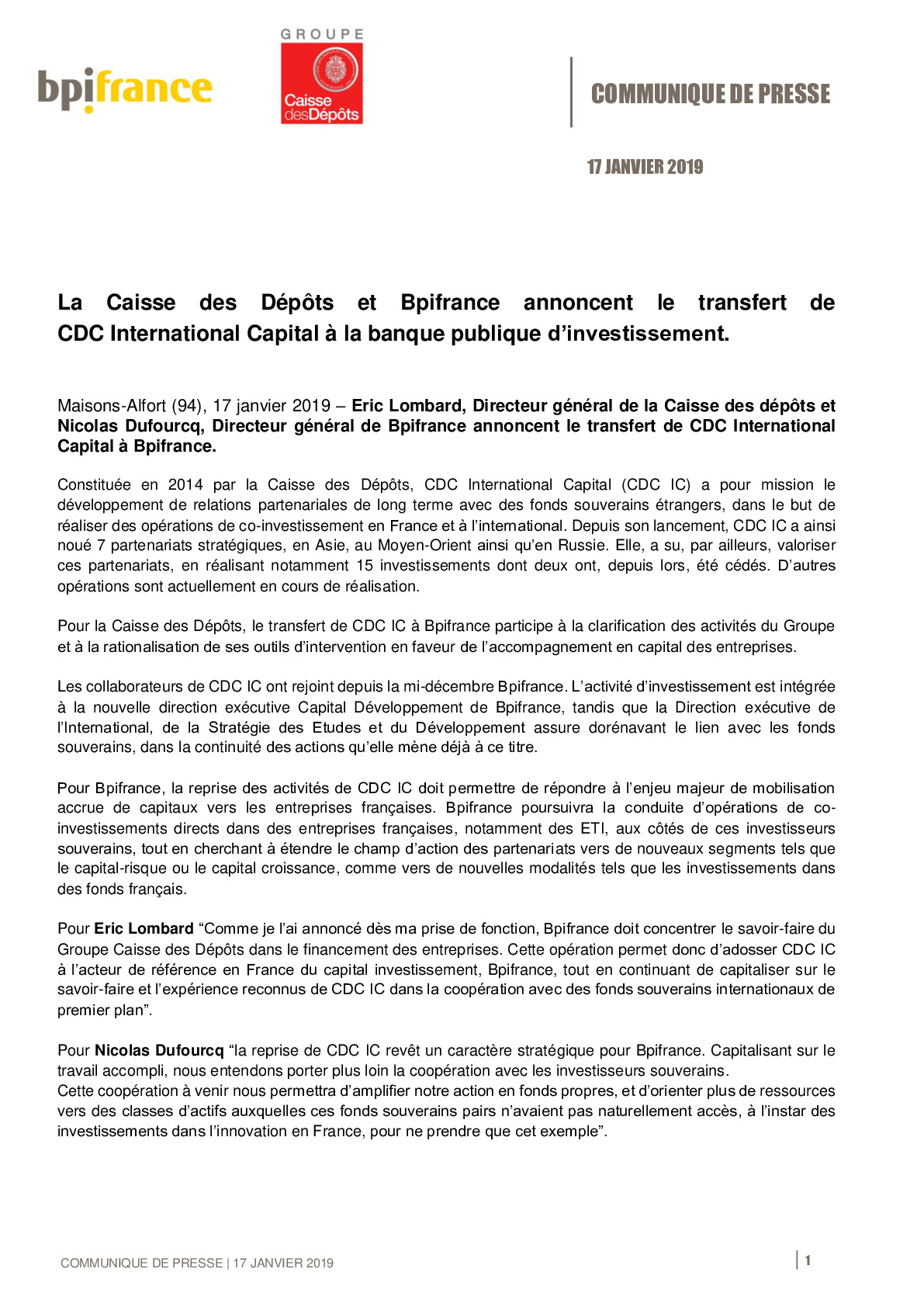 2019 01 17 – CP Bpifrance – Caisse des Depots – Bpifrance – Transfert CDC IC-pdf