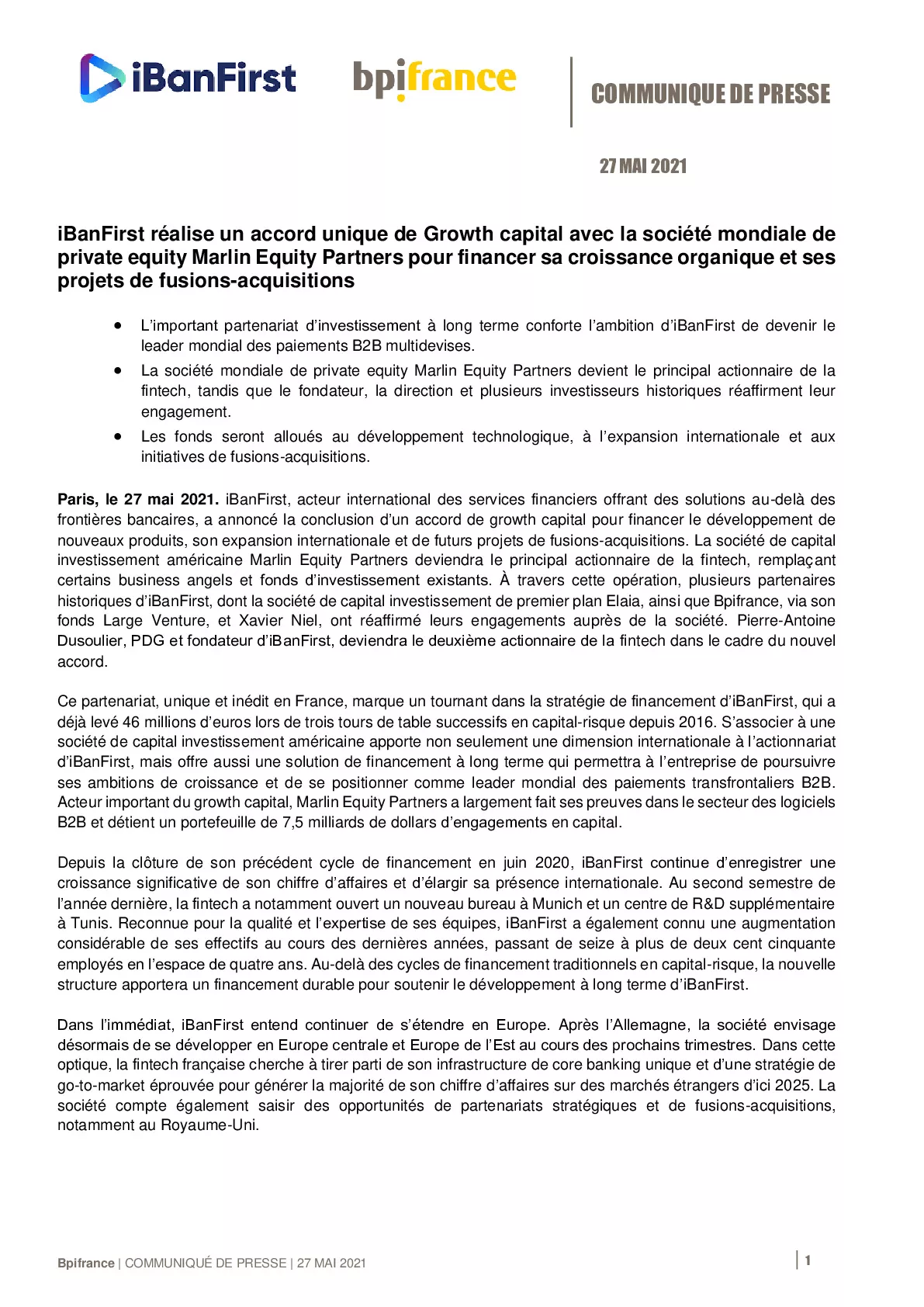 2021 05 27 – CP iBanFirst realise un accord unique de Growth capital avec la societe mondiale de private equity Marlin Equity Partners -pdf