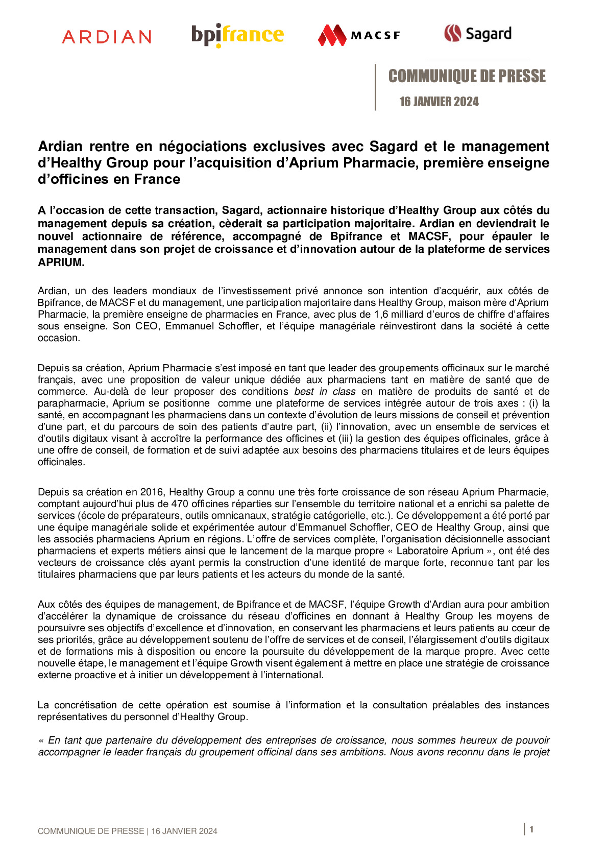 2024 01 16 – CP Bpifrance – Ardian rentre en négociations exclusives avec Sagard et le management d’Healthy Group pour l’acquisition d’Aprium Pharmacie première enseigne d’officines en France-pdf