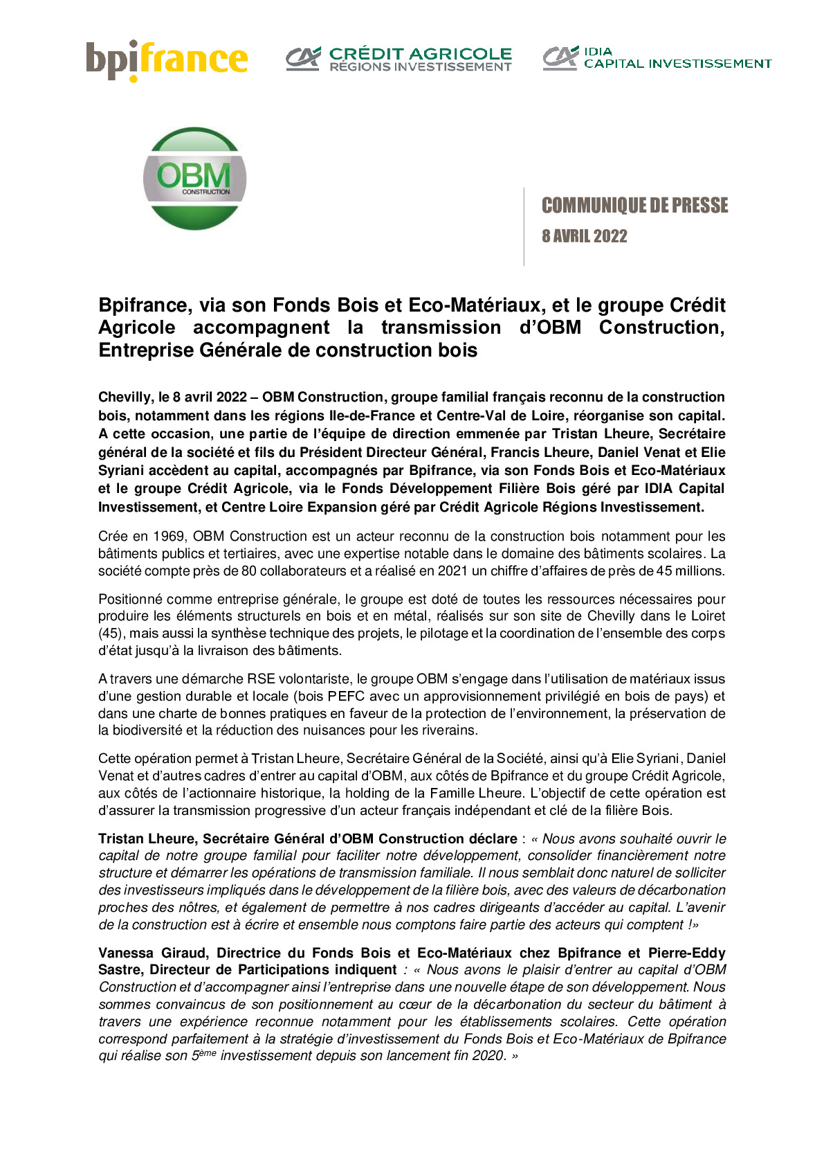 2022 04 08 – CP Bpifrance via son Fonds Bois et Eco-Materiaux et le groupe Credit Agricole accompagnent la transmission dOBM Construction-pdf