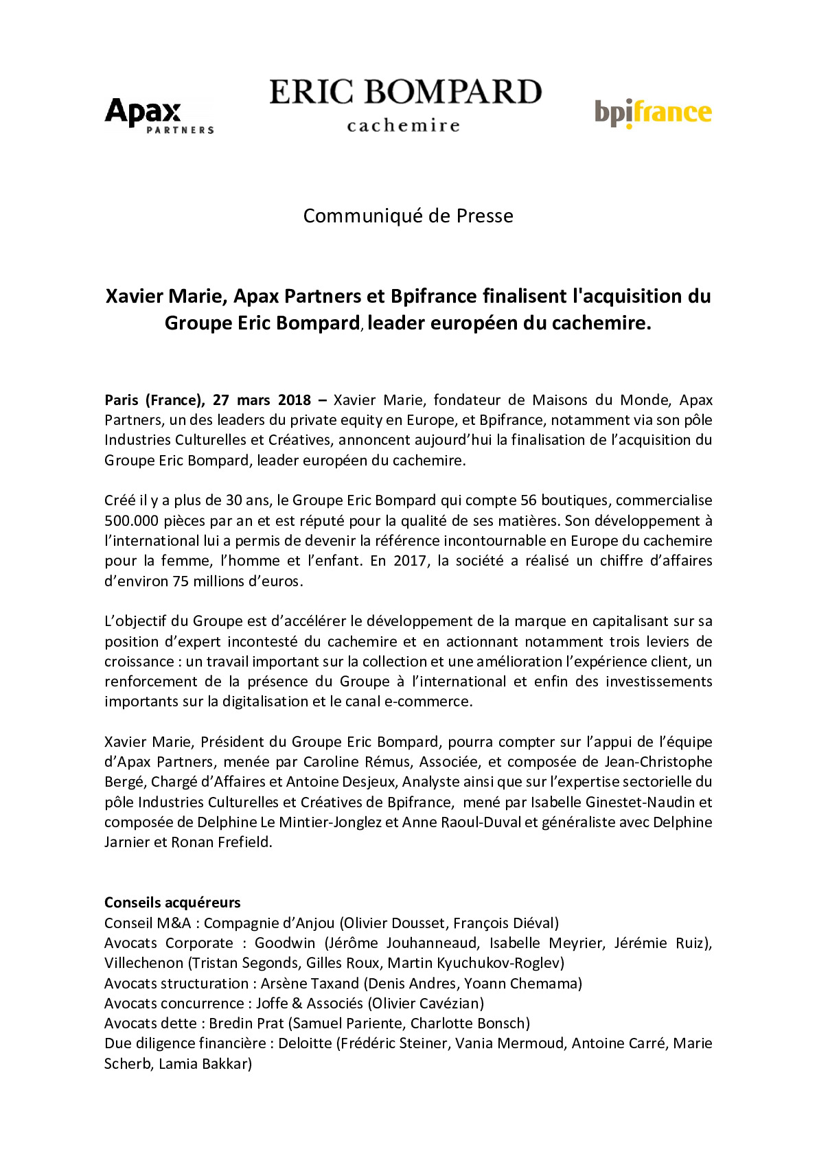 18 03 27CP closing Bompard – Bpifrance – Apax Partners-pdf