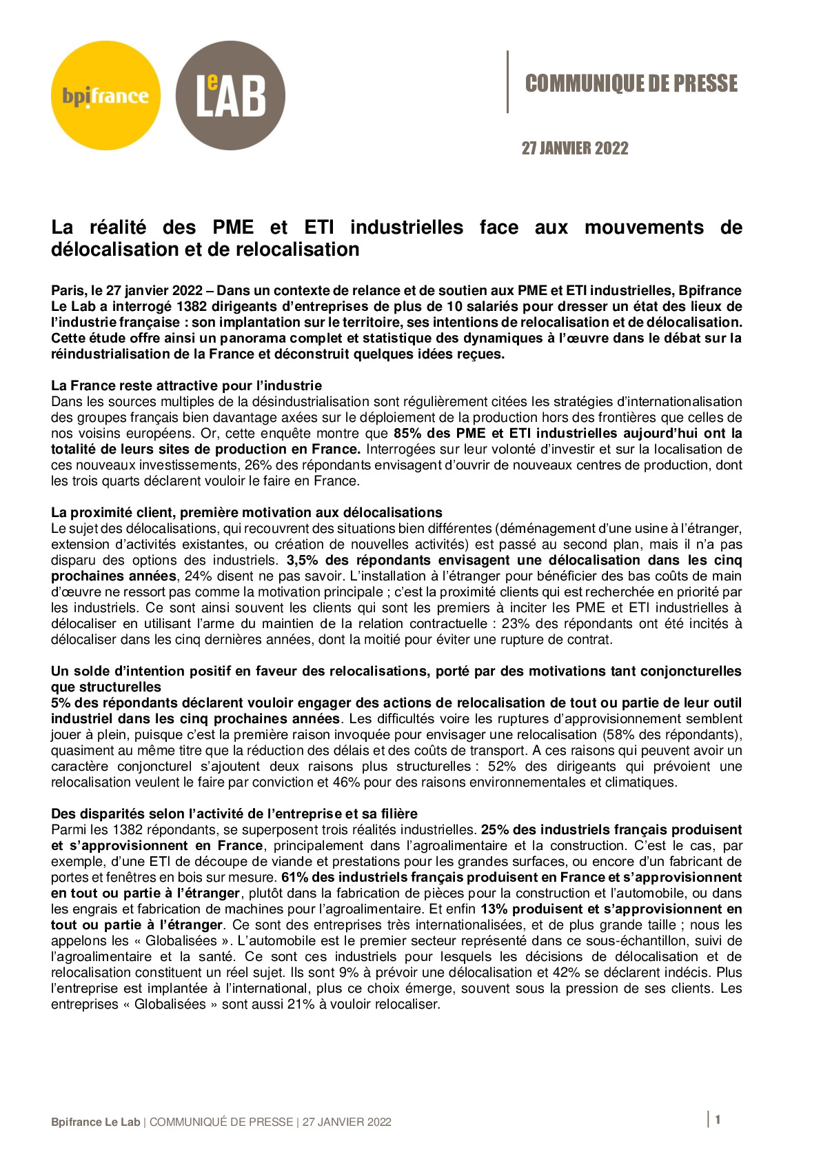2022 01 27 – CP Bpifrance Le Lab – La realite des PME et ETI industrielles face aux mouvements de delocalisation et de relocalisation-pdf