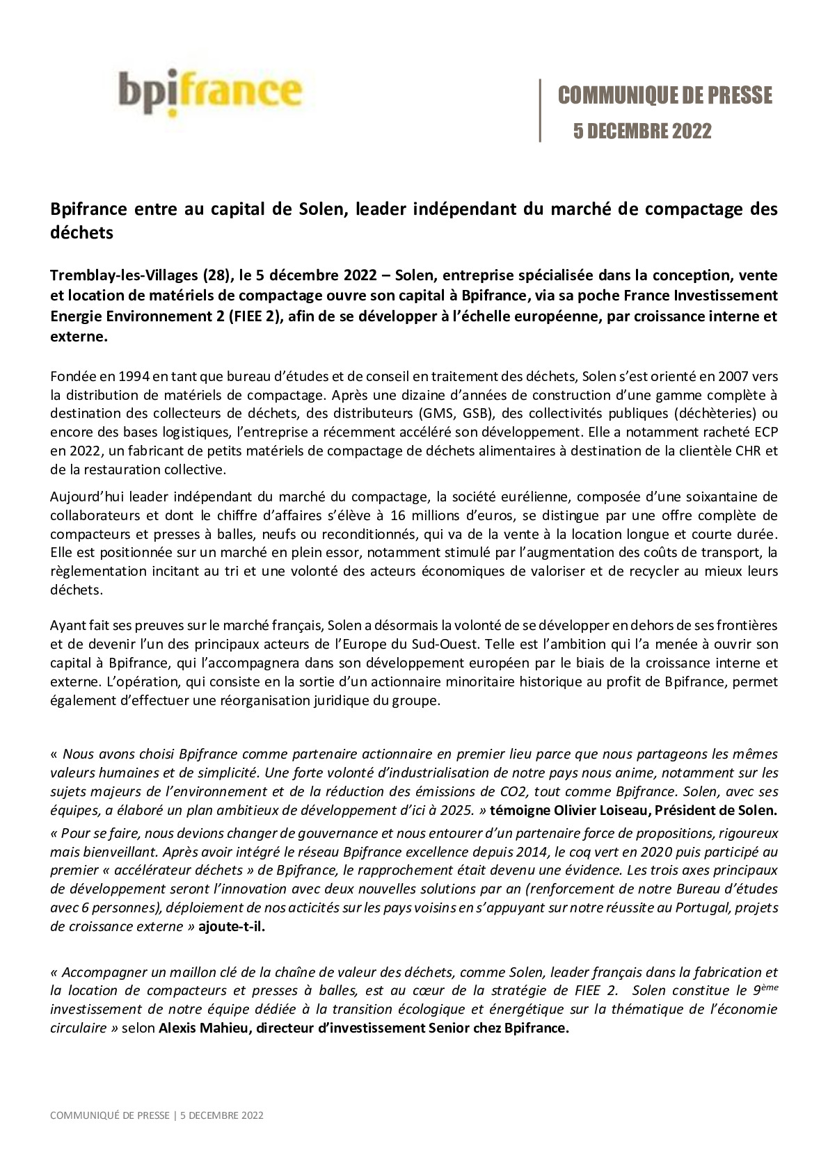 2022 12 07 – Bpifrance entre au capital de Solen leader indépendant du marché du compactage des déchets V2.pdf