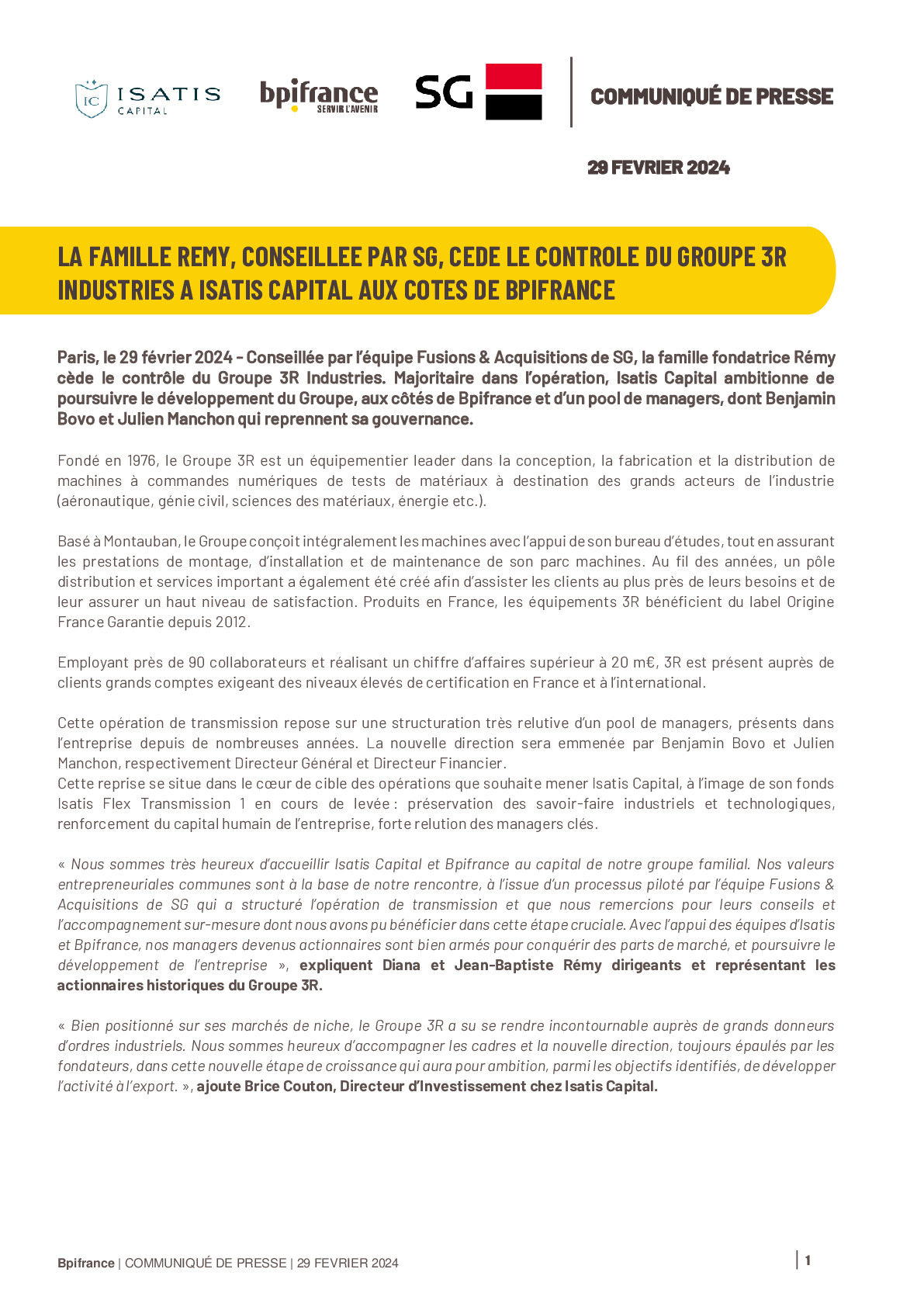 2024 02 29 – La famille Rémy, conseillée par SG, cède le contrôle du Groupe 3R Industries à Isatis Capital aux côtés de Bpifrance-pdf