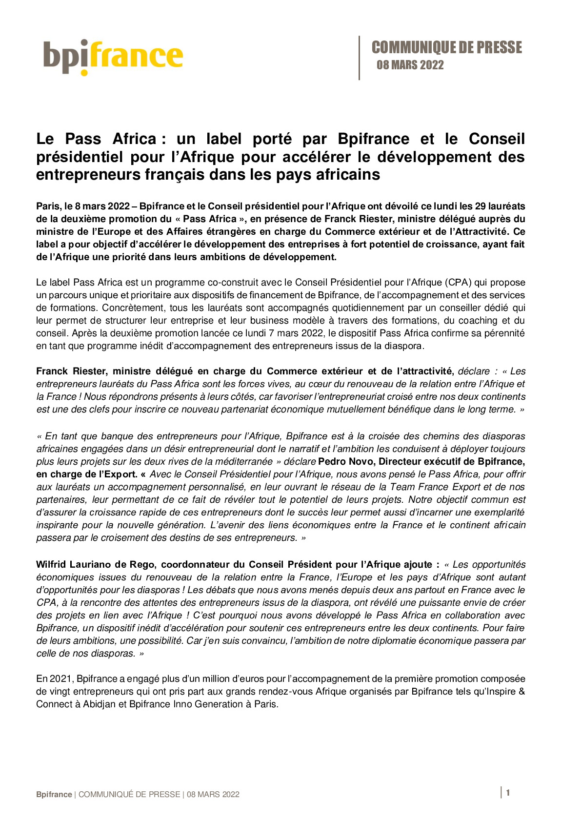 2022 03 08 – CP Le Pass Africa un label porte par Bpifrance et le Conseil presidentiel pour lAfrique-pdf