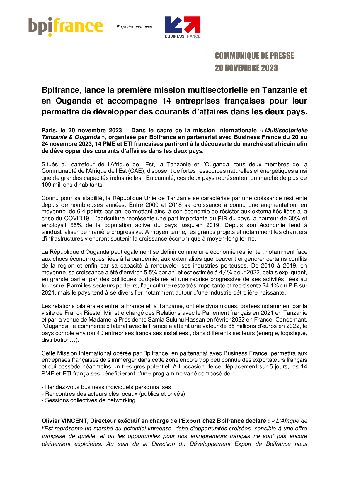 2023 11 20 – CP Bpifrance – Bpifrance, lance la première mission multisectorielle en Tanzanie et en Ouganda et accompagne -pdf