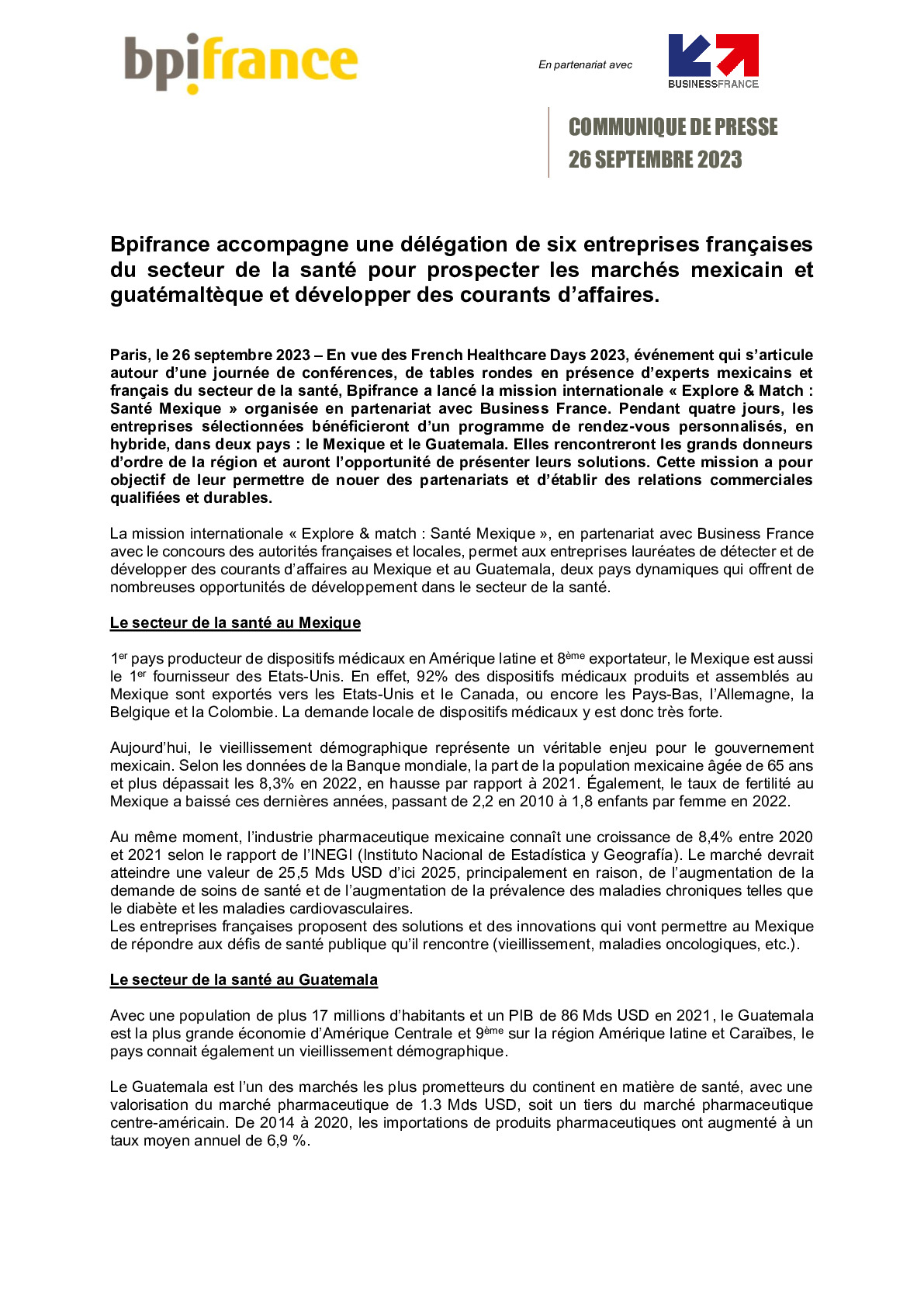 2023 09 26 – CP Bpifrance – Bpifrance accompagne une délégation de six entreprises françaises du secteur de la santé pour prospecter les marchés mexicain et guatémaltèque-pdf