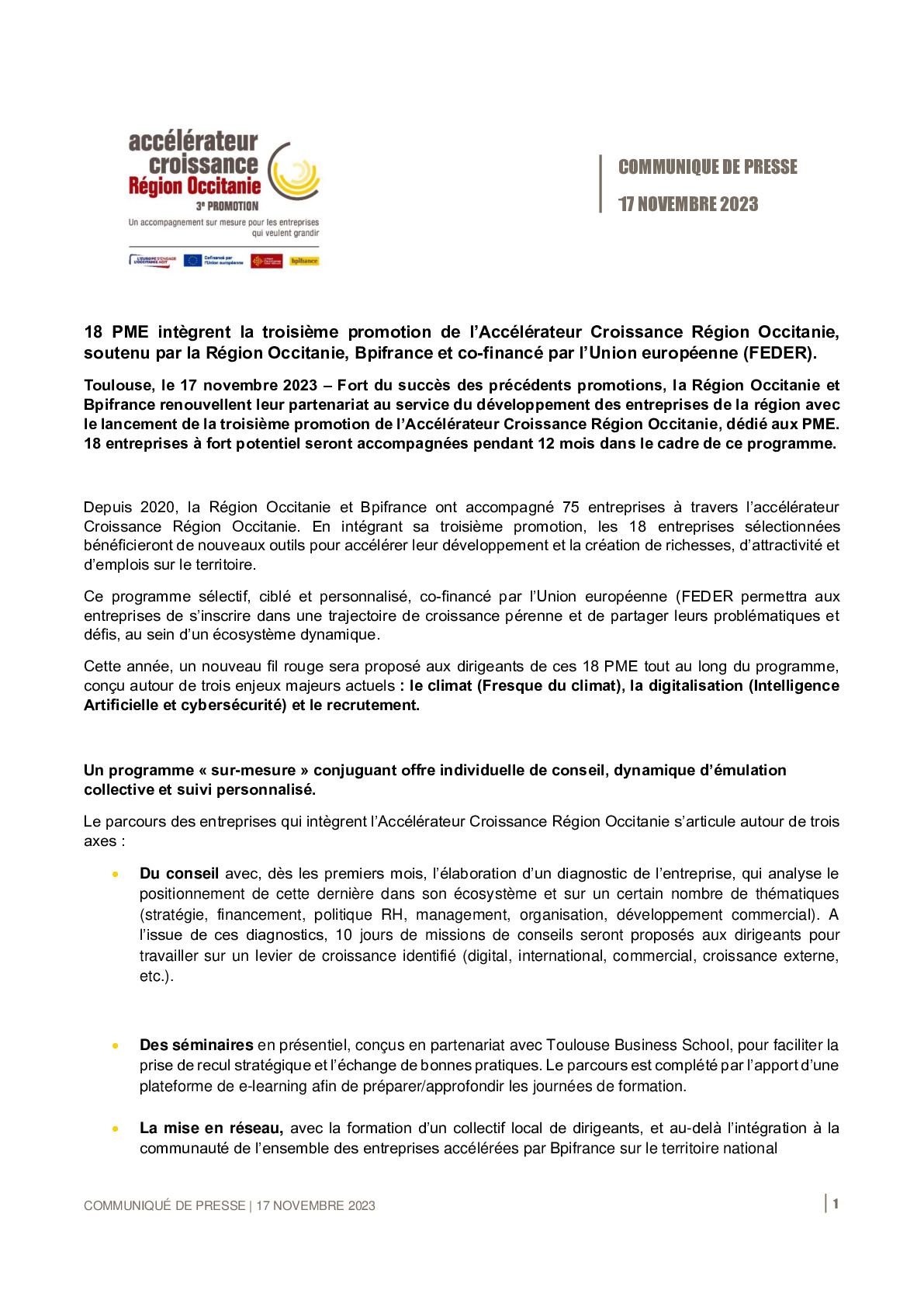 20231117 – CP Bpifrance – 18 PME intègrent la troisième promotion de l’Accélérateur Croissance Région Occitanie, soutenu par la Région Occitanie, Bpifrance et co-financé-pdf