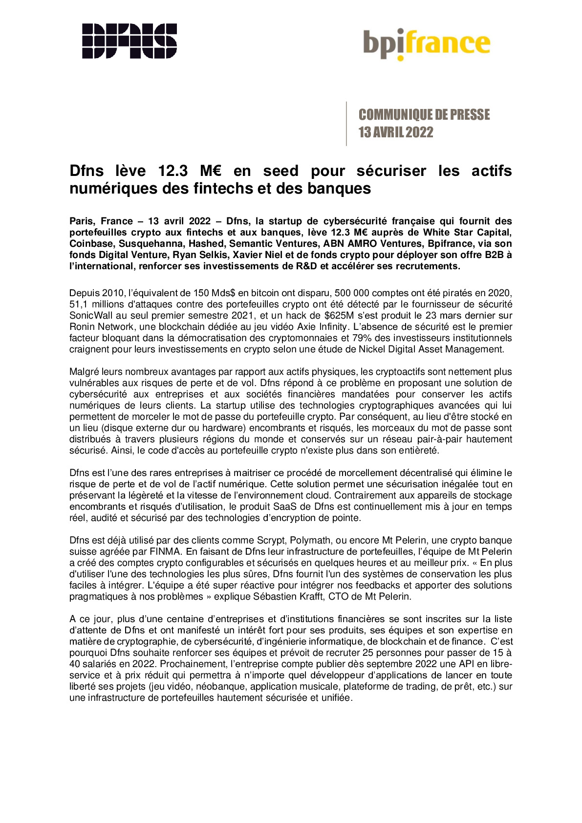 2022 04 13 – CP Bpifrance – Dfns leve 12-3 M en seed pour securiser les actifs numeriques des fintechs et des banques-pdf
