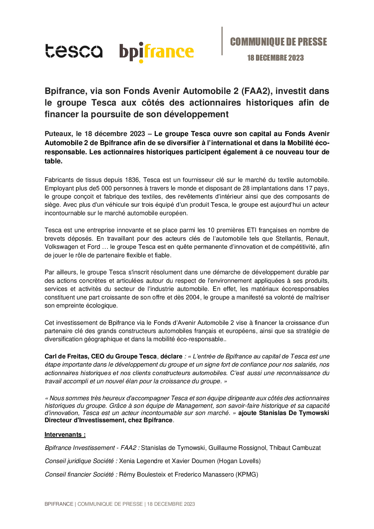 2023 12 18 – Bpifrance, via son Fonds Avenir Automobile 2 (FAA2), investit dans le groupe Tesca aux côtés des actionnaires historiques afin de financer la poursuite de son développement-pdf