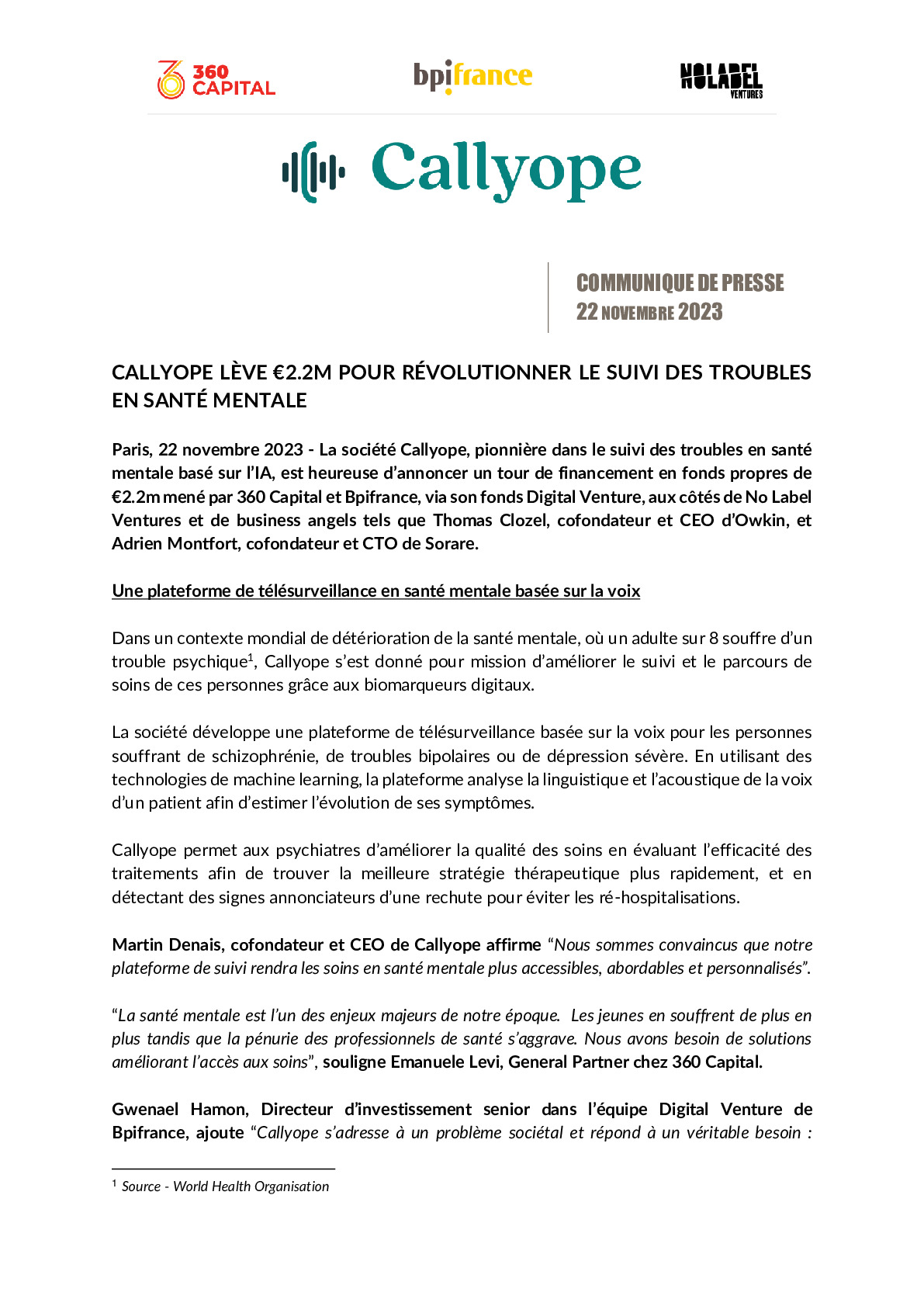 2023 11 22 – CP CALLYOPE LÈVE €2.2M POUR RÉVOLUTIONNER LE SUIVI DES TROUBLES EN SANTE MENTALE-pdf