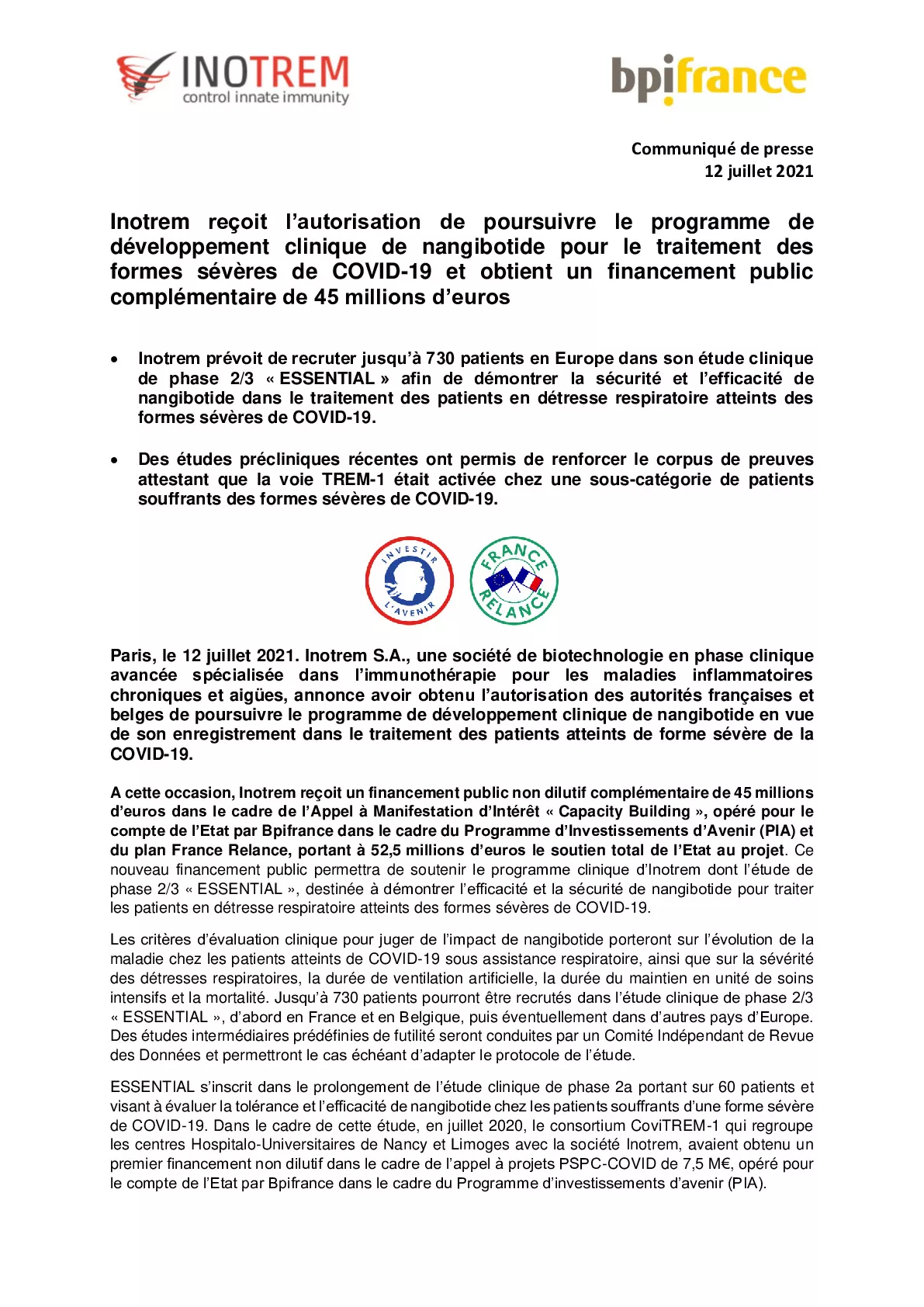 2021 07 12 – CP Inotrem recoit lautorisation de poursuivre le programme de developpement clinique de nangibotide et obtient un financement public complementaire de 45M-pdf
