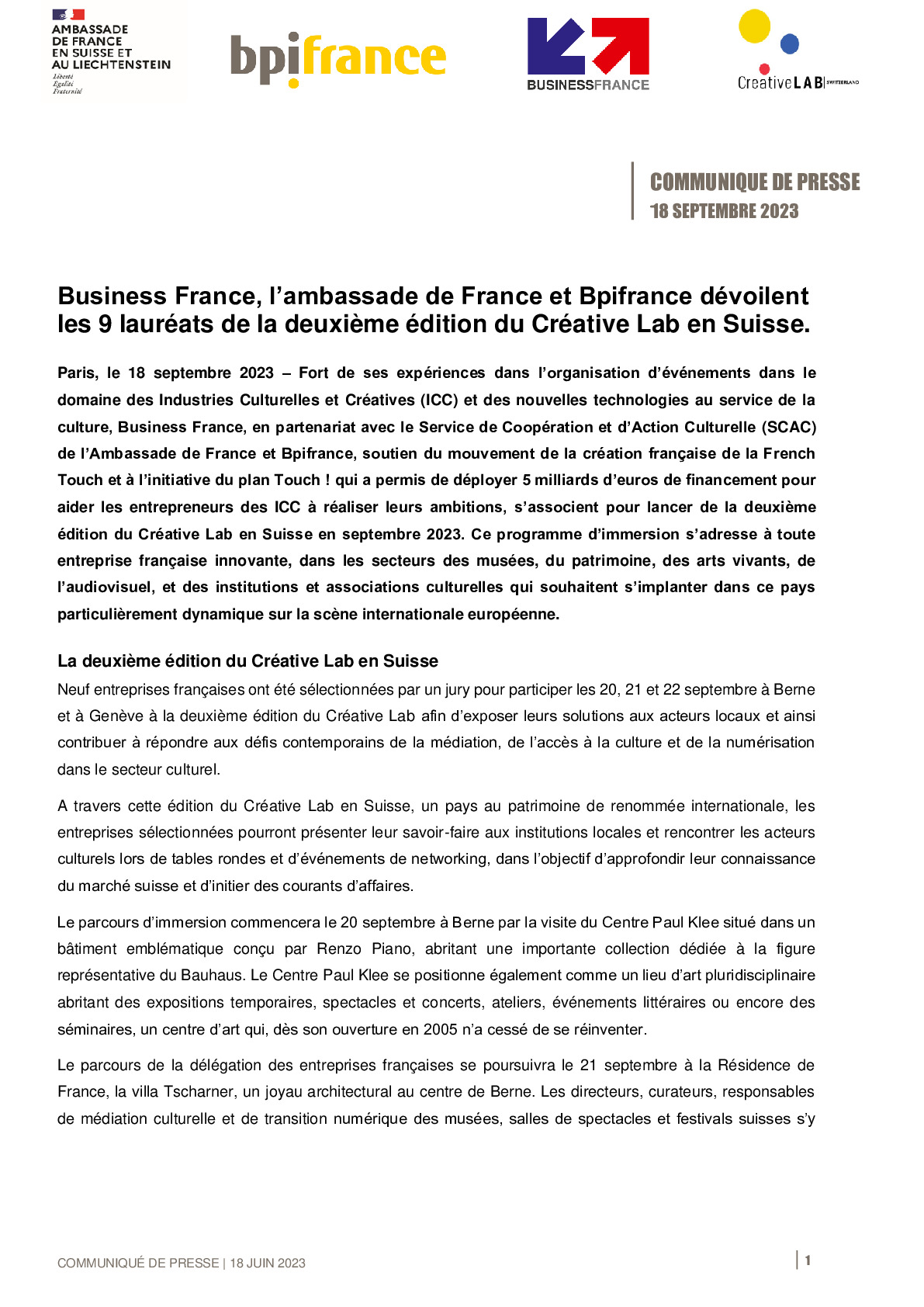 2023 09 18 – CP Bpifrance – Business France, l’ambassade de France et Bpifrance dévoilent les 9 lauréats de la deuxième édition du Créative Lab en Suisse pour 2023 fin-pdf