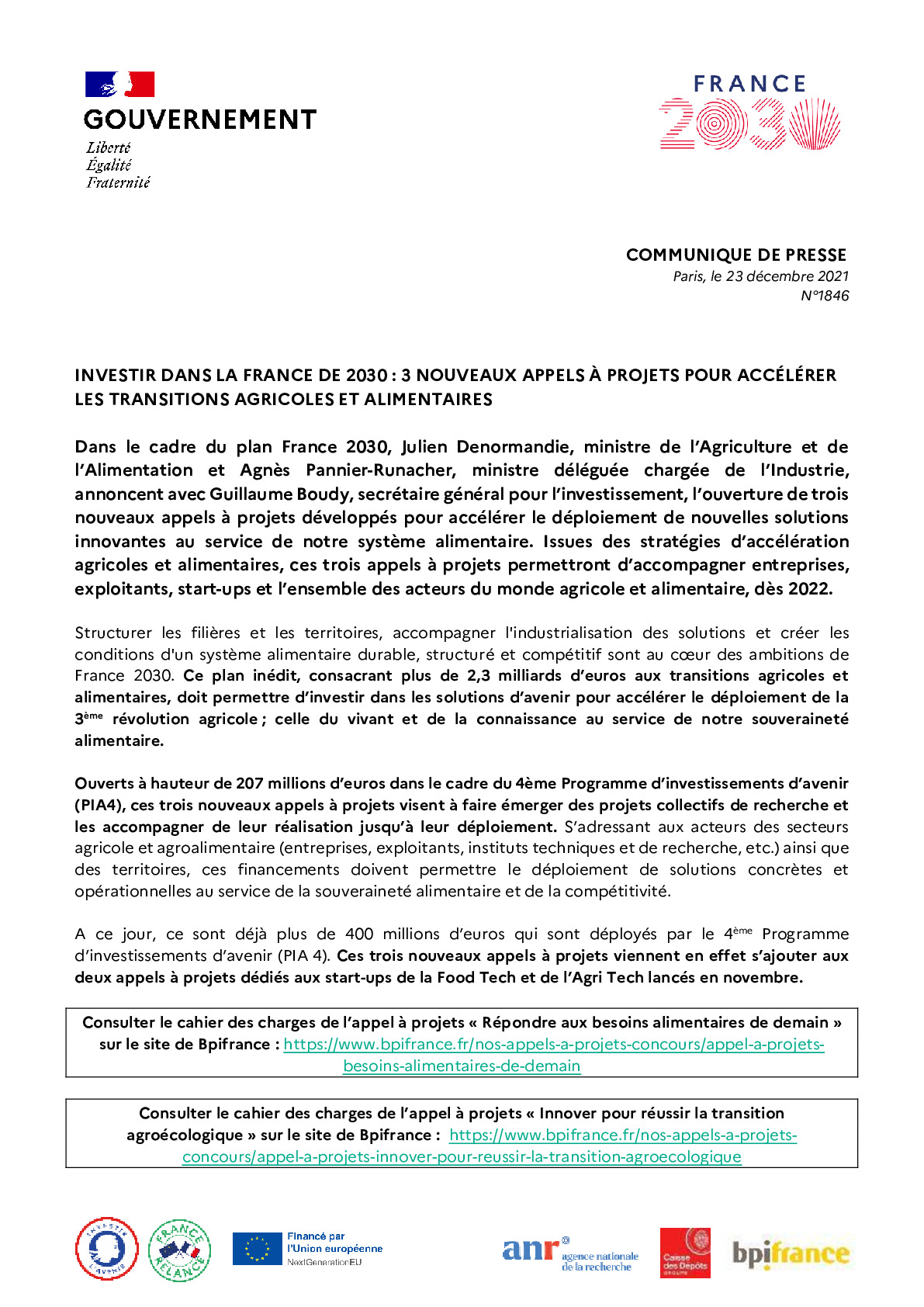 1846 – Investir dans la France de 2030 – 3 nouveaux appels a projets pour accelerer les transitions agricoles et alimentaires-pdf