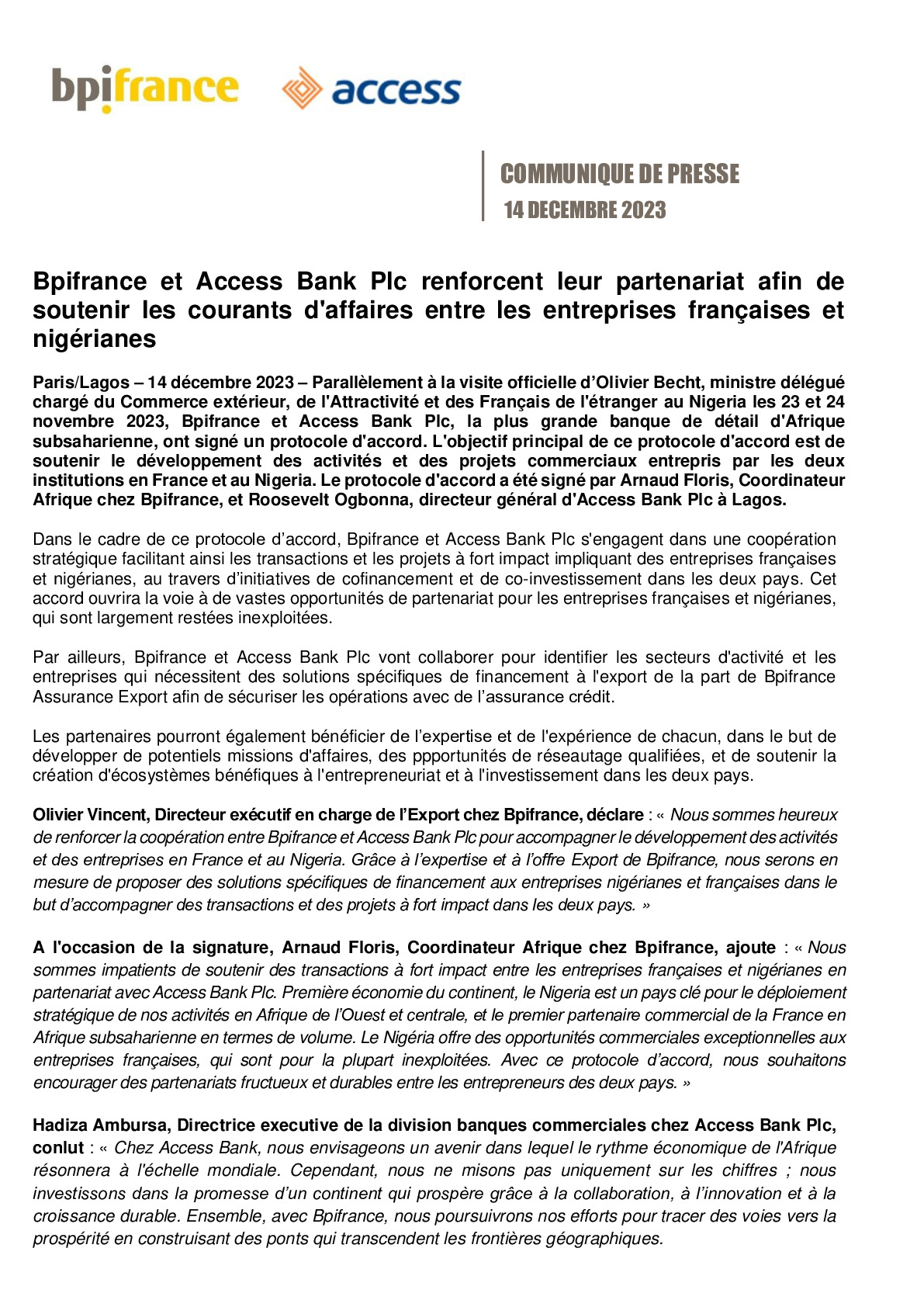 2023 12 14 – CP Bpifrance – Bpifrance et Access Bank Plc renforcent leur partenariat afin de soutenir les courants d’affaires entre les entreprises françaises et nigérianes-pdf