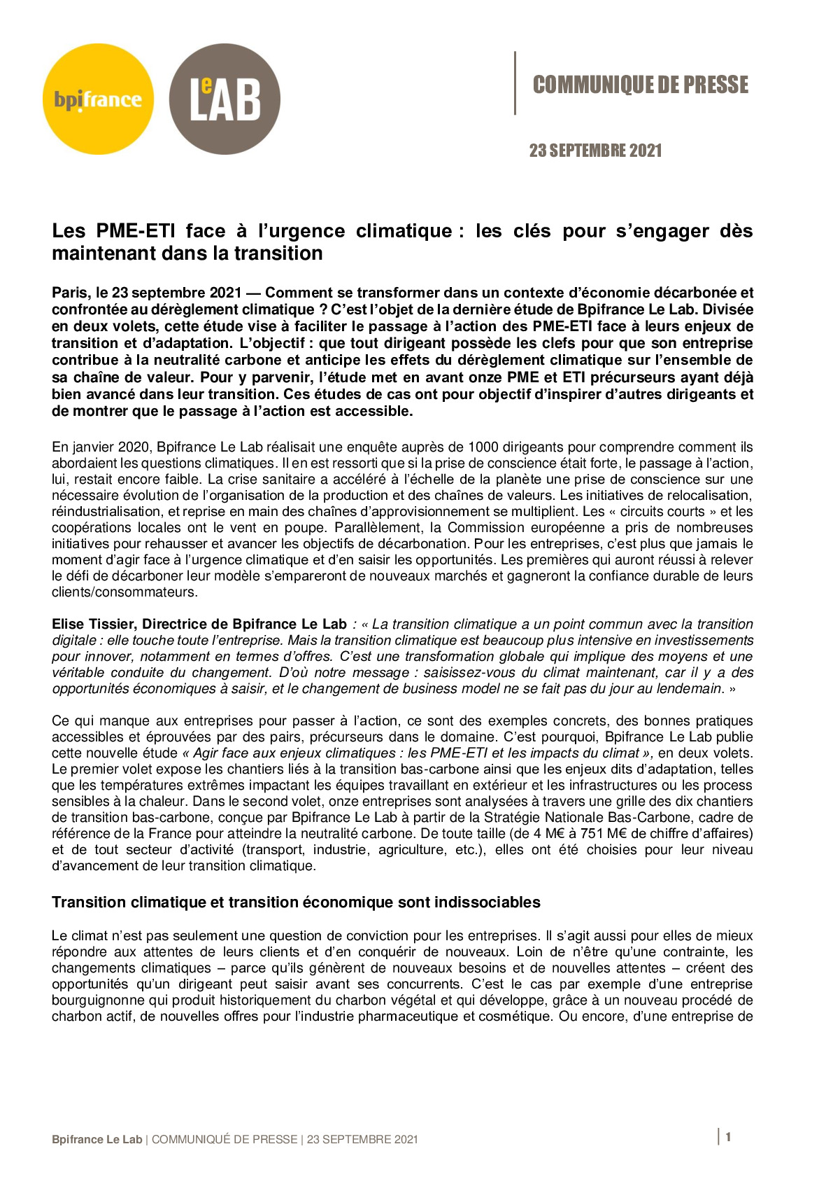 2021 09 23 – CP Bpifrance Le Lab Les PME-ETI face a lurgence climatique – les cles pour sengager des maintenant dans la transition-pdf
