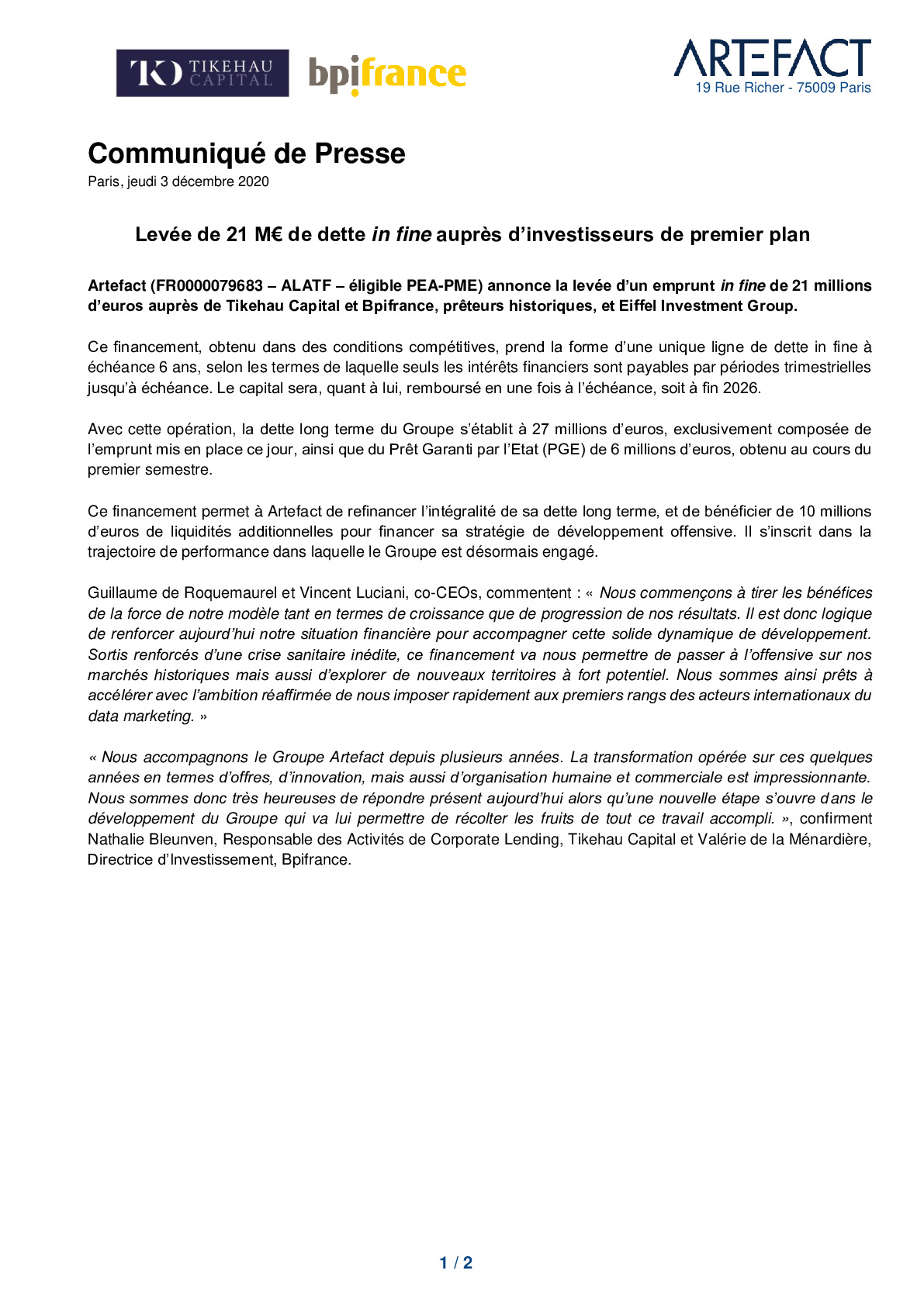 2020 12 03 – CP – Artefact – Levee de 21 M de dette in fine aupres dinvestisseurs de premier plan-pdf