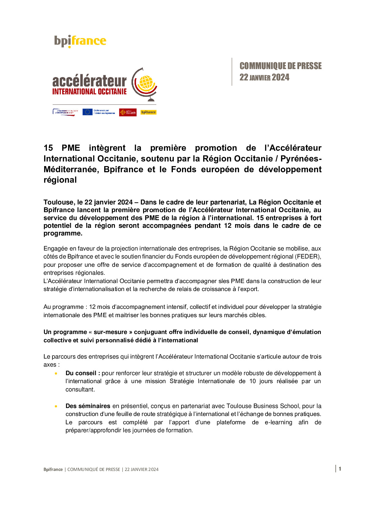 2024 01 22 – CP Bpifrance – 15 PME intègrent la première promotion de l’Accélérateur International Occitanie soutenu par la région Occitanie Bpifance et le FEDER-pdf