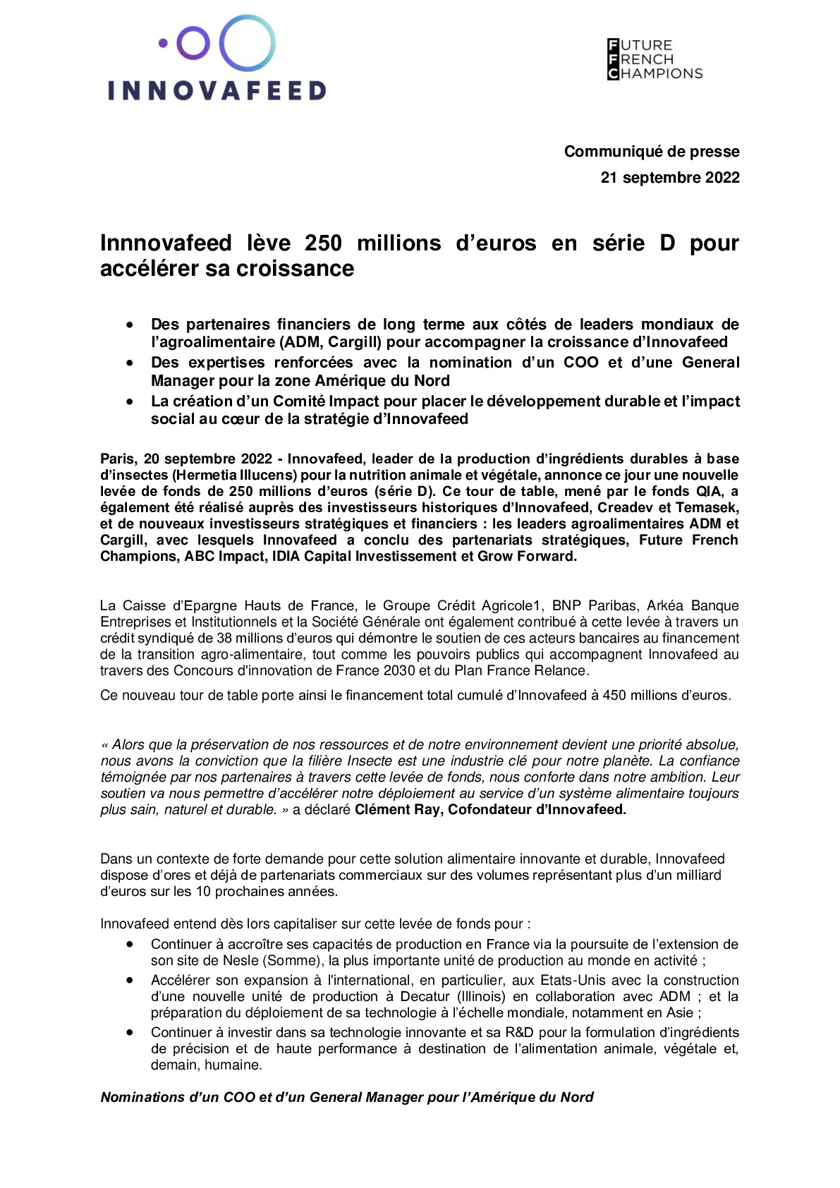 2022 09 21 – CP FFC – Innnovafeed leve 250 millions deuros en serie D pour accelerer sa croissance -pdf