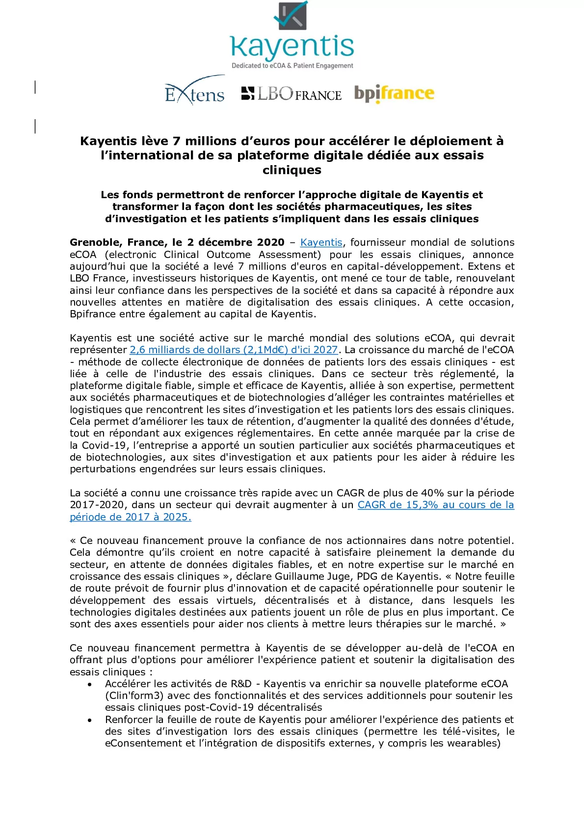 2020 12 02 – CP – Kayentis leve 7 millions deuros pour accelerer le deploiement a linternational de sa plateforme digitale dediee aux essais cliniques-pdf