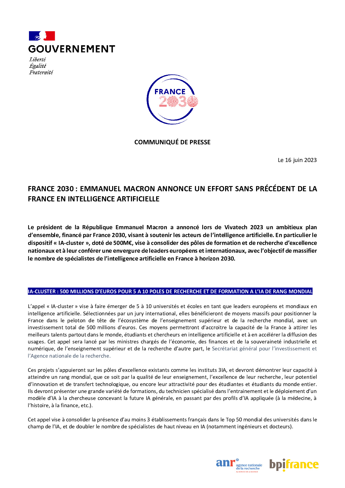 2023-04 CP FRANCE 2030 EMMANUEL MACRON ANNONCE UN EFFORT SANS PRÉCÉDENT DE LA FRANCE EN INTELLIGENCE ARTIFICIELLE-pdf