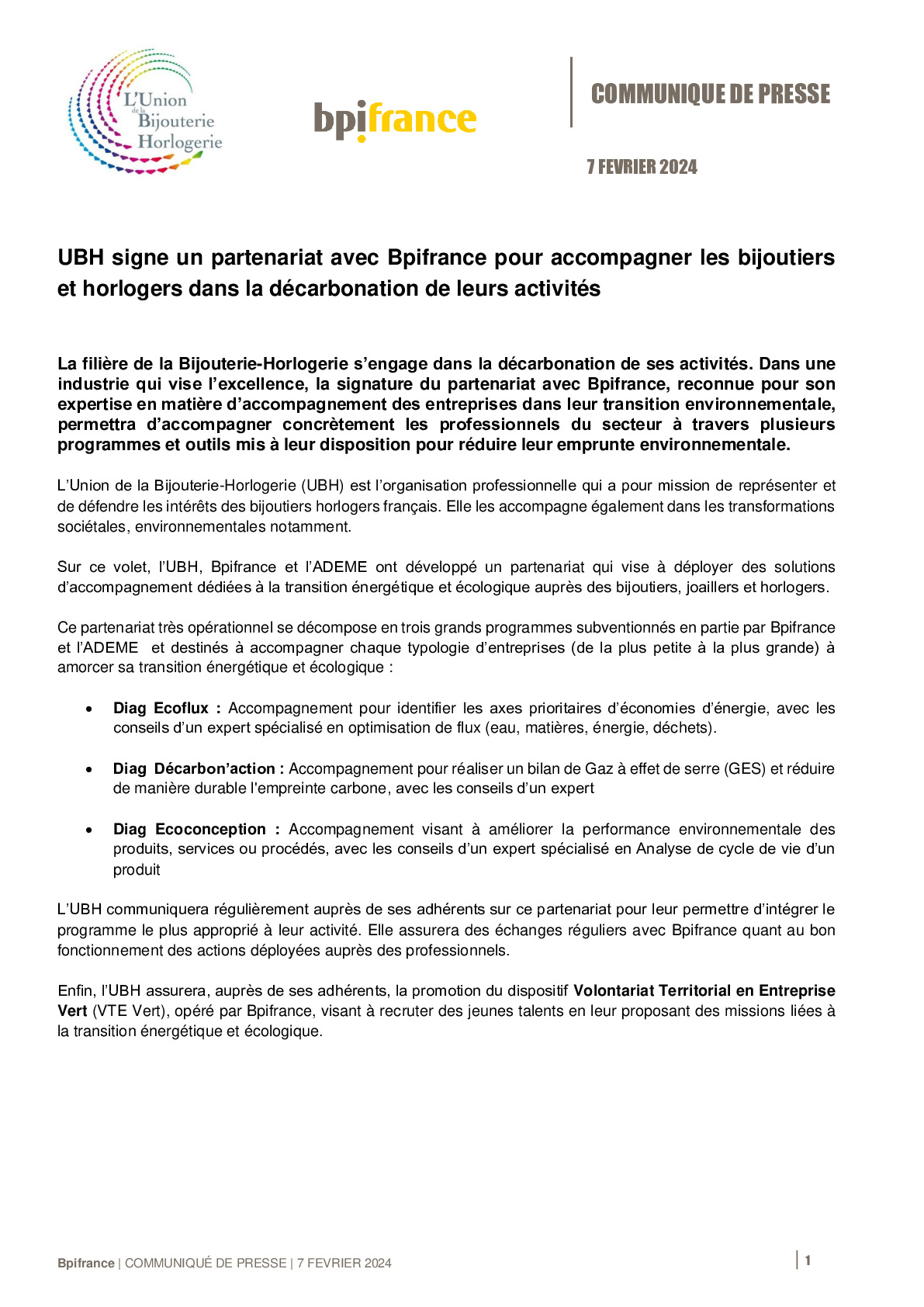 2024 02 07 – CP – UBH signe un partenariat avec Bpifrance pour accompagner les bijoutiers et horlogers dans la décarbonation de leurs activités-pdf