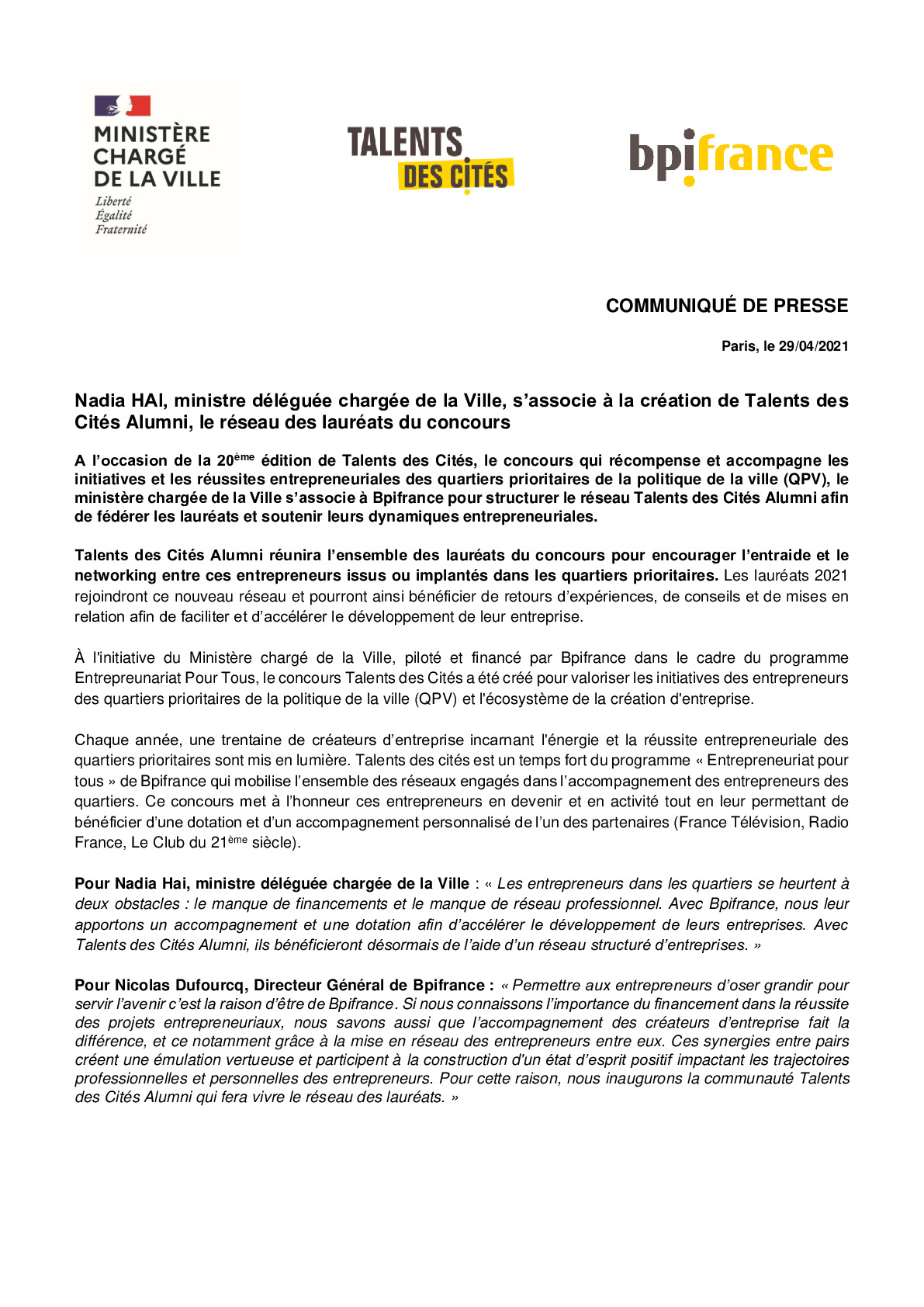 2021 04 29 – CP Nadia HAI ministre deleguee chargee de la Ville sassocie a la creation de Talents des Cites Alumni le reseau des laureats du concours-pdf