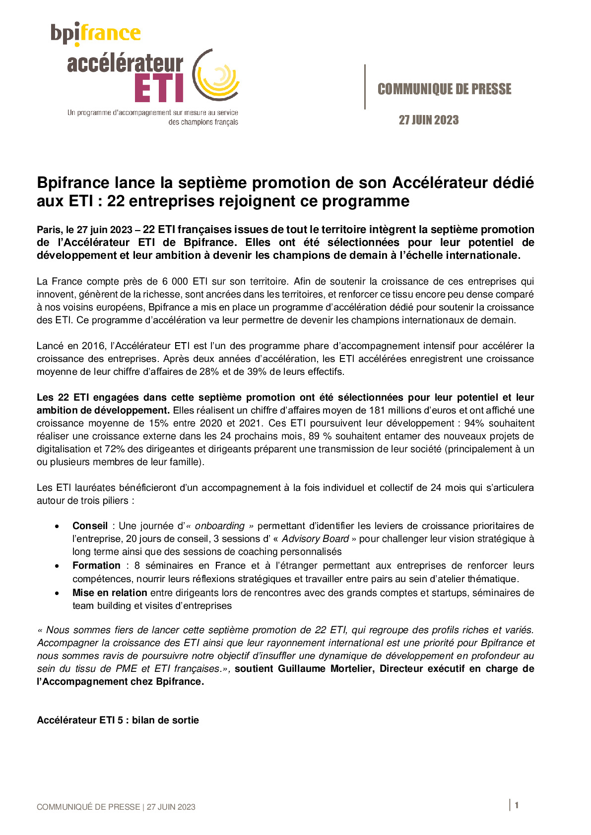 2023 06 27 – CP Bpifrance – Bpifrance lance la septième promotion de son Accélérateur dédié aux ETI 22 entreprises rejoignent ce programme vdef-pdf