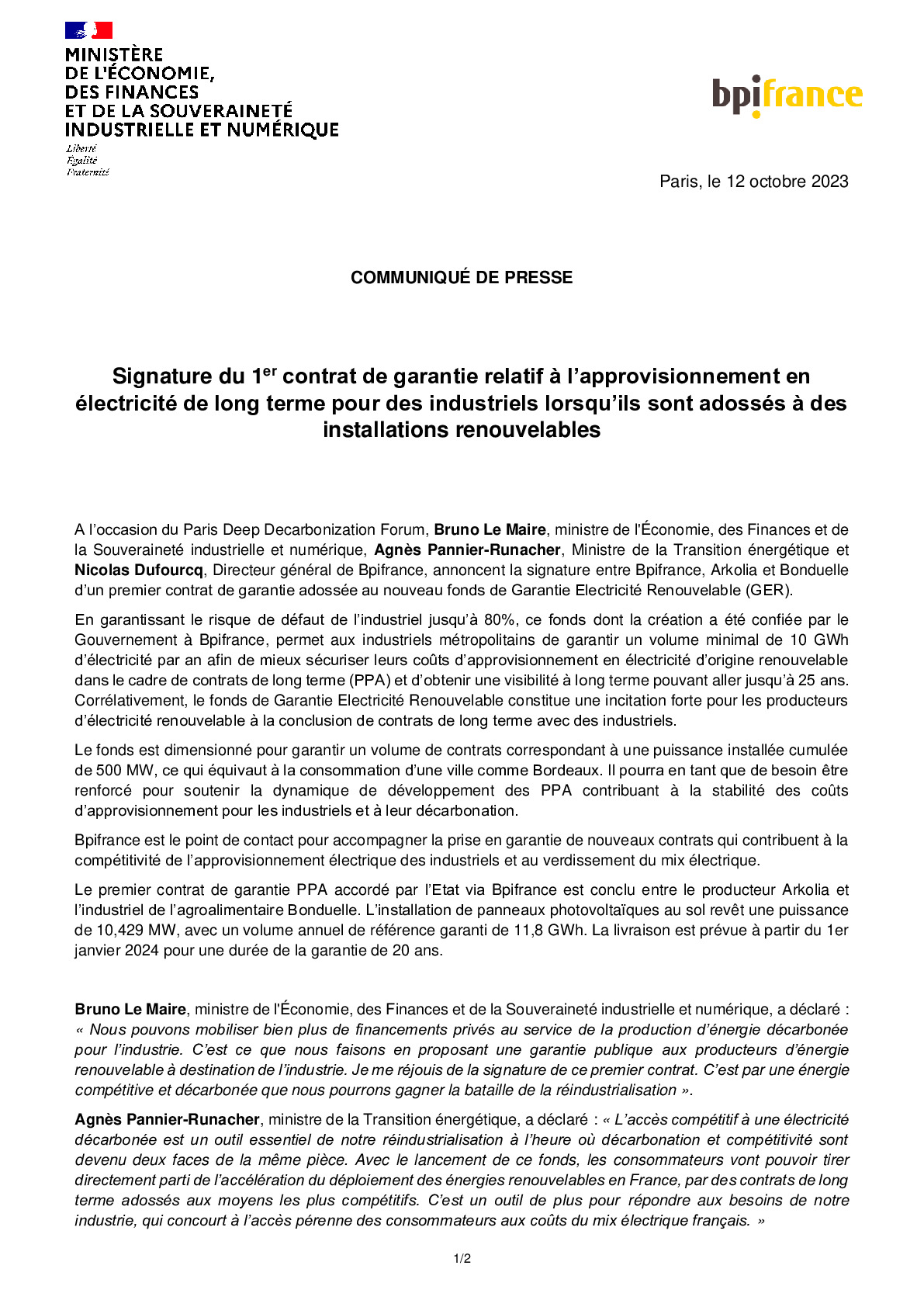 2023 10 12 – CP – Signature du 1er contrat de garantie relatif à l’approvisionnement en électricité de long terme pour des industriels-pdf