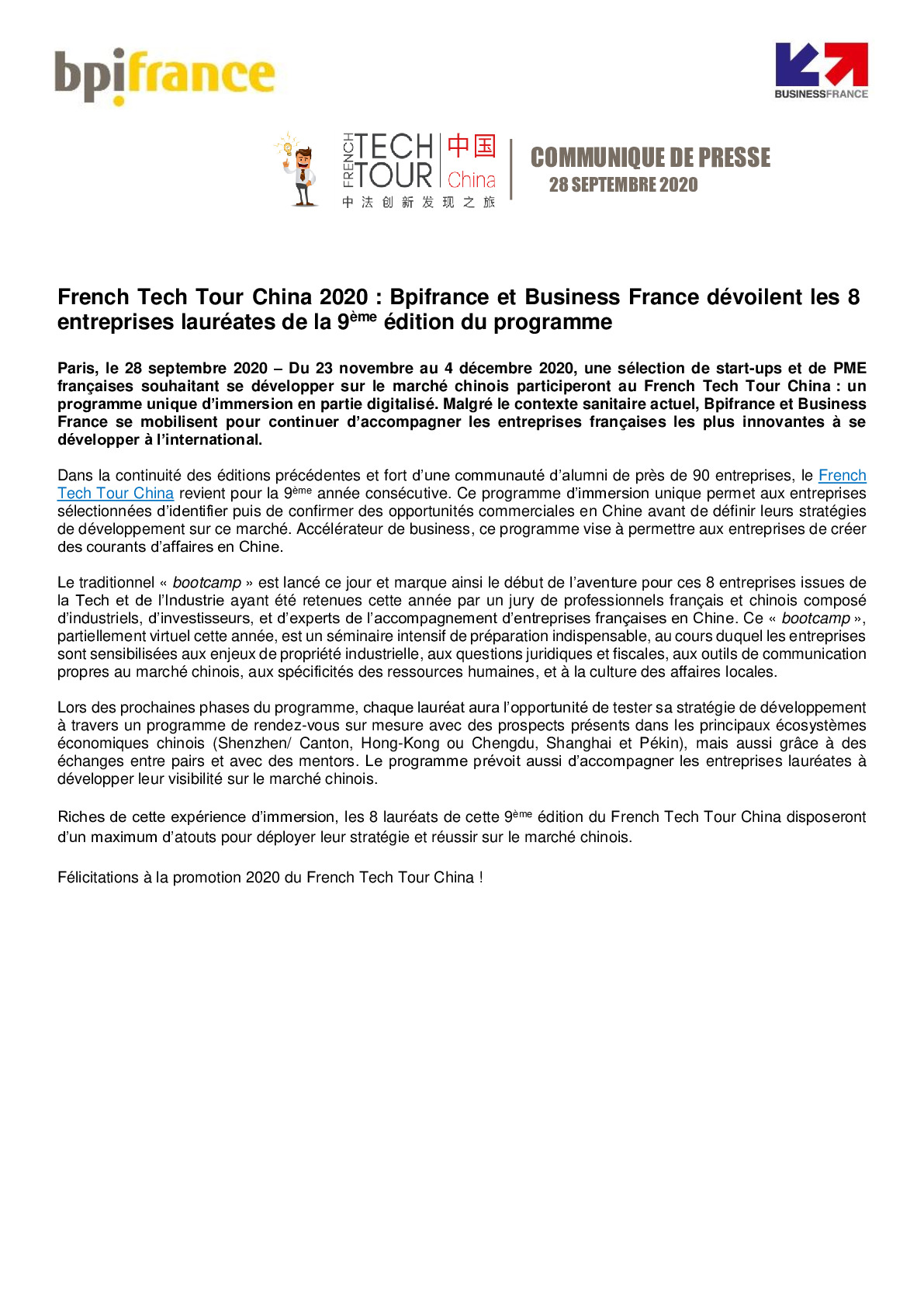 2020 09 28 CP –  French Tech Tour China 2020 Bpifrance et Business France devoilent les 8 entreprises laureates de la 9eme edition du programme -pdf