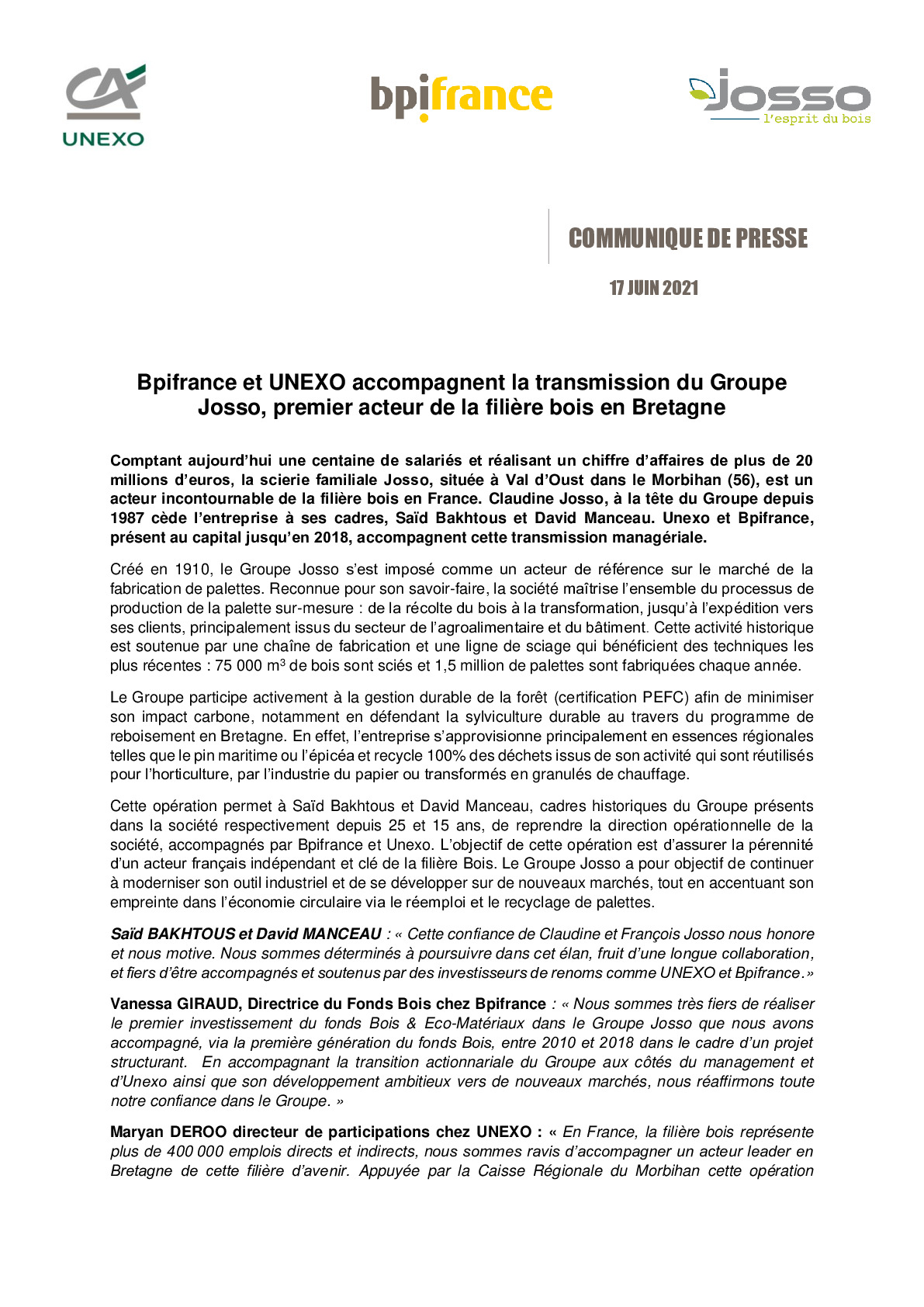 2021 06 17 – CP Bpifrance et UNEXO accompagnent la transmission du Groupe Josso premier acteur de la filiere bois en Bretagne-pdf