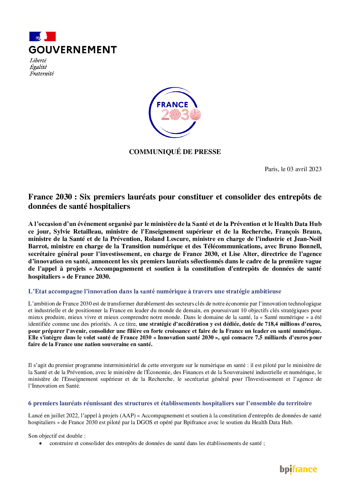 2023 04 03 – CP Bpifrance – Six premiers lauréats pour constituer et consolider des entrepôts de données de santé hospitaliers-pdf