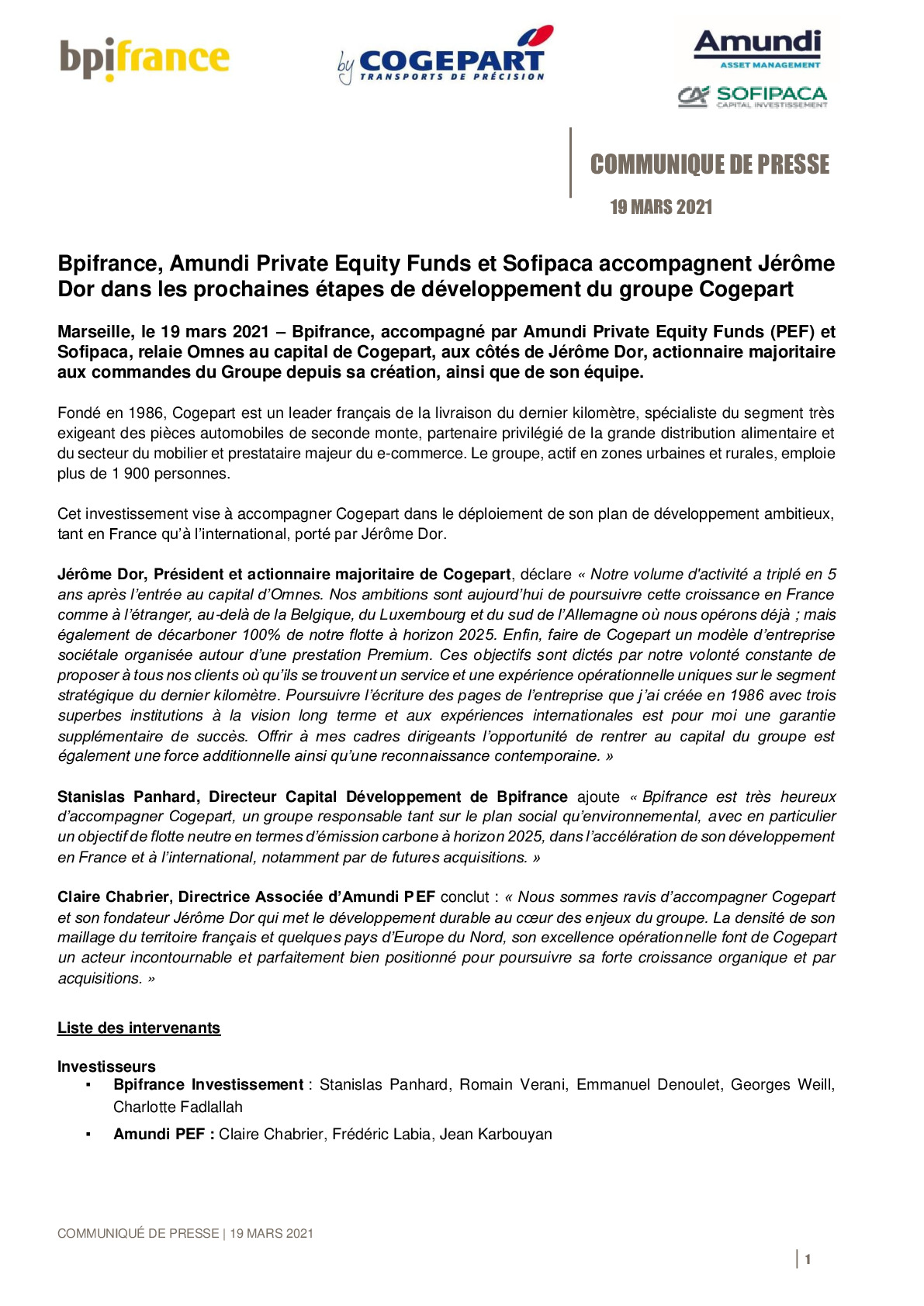 2021 03 19 –  Bpifrance Amundi Private Equity Funds et Sofipaca accompagnent Jerome Dor dans les prochaines etapes de developpement du groupe Cogepart-pdf