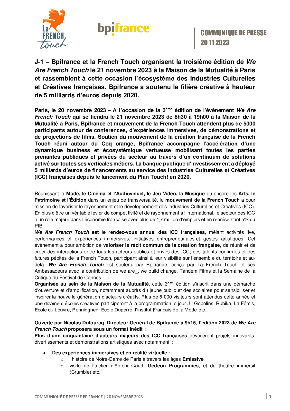 2023 11 20 – CP Bpifrance – J-1  Bpifrance et la French Touch organisent la 3e édition de We Are French Touch le 21 novembre 2023 à la Maison de la Mutualité à paris et rassemblent vdef-pdf