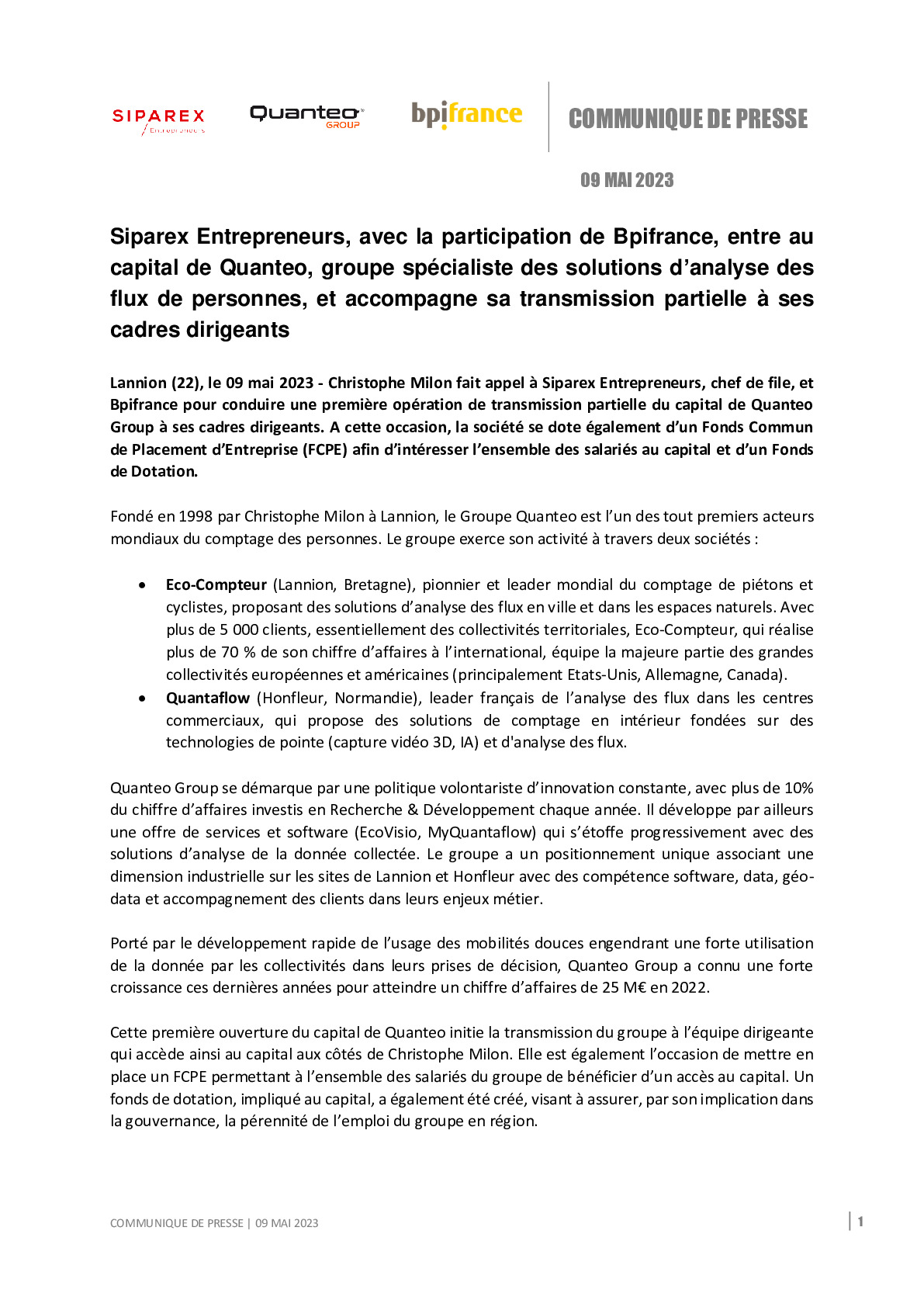 2023 05 09 – Siparex Entrepreneurs avec la participation de Bpifrance entre au capital de Quanteo-pdf