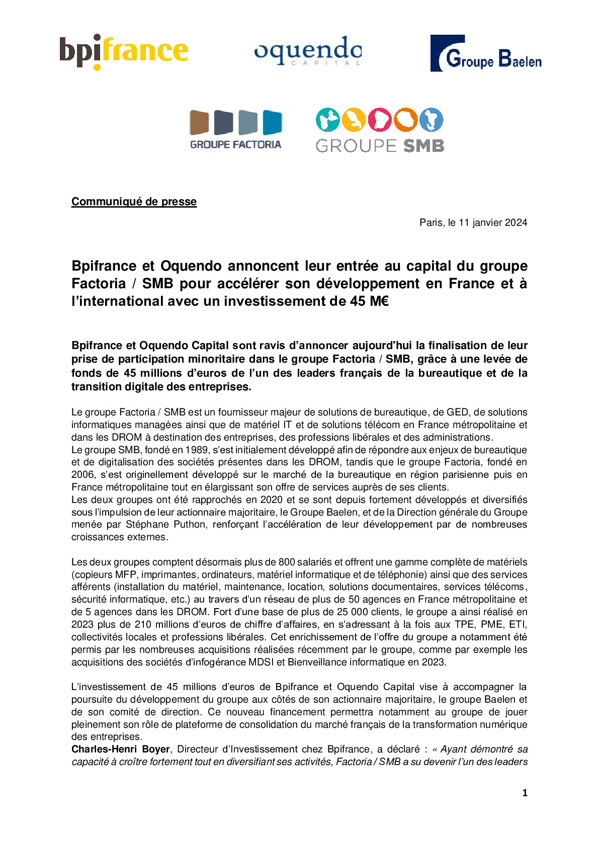 2024 01 11 – CP – Bpifrance et Oquendo annoncent leur entrée au capital du groupe Factoria – SMB pour accélérer son développement en France et à l’international avec un investissement de 45 M€-pdf