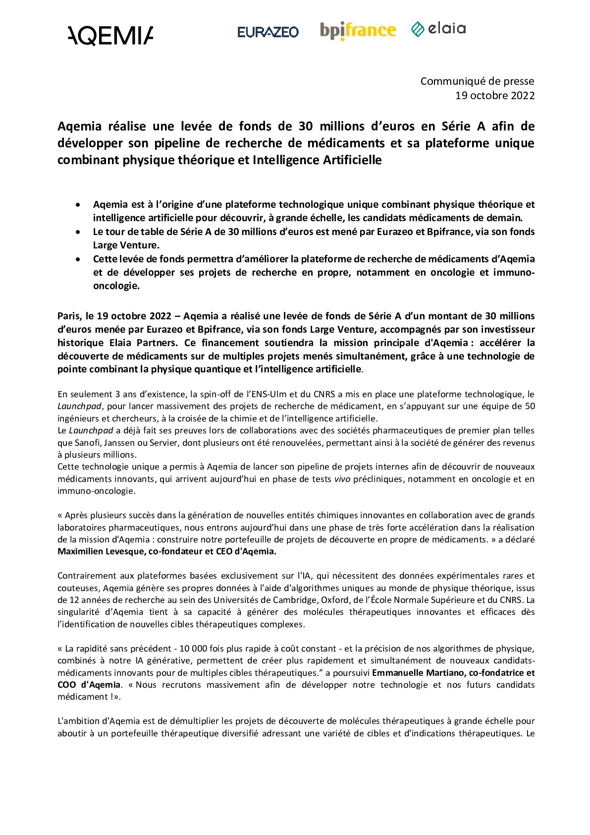 2022 10 19 – CP Bpifrance – Aqemia realise une levee de fonds de 30 millions deuros en Serie A -pdf