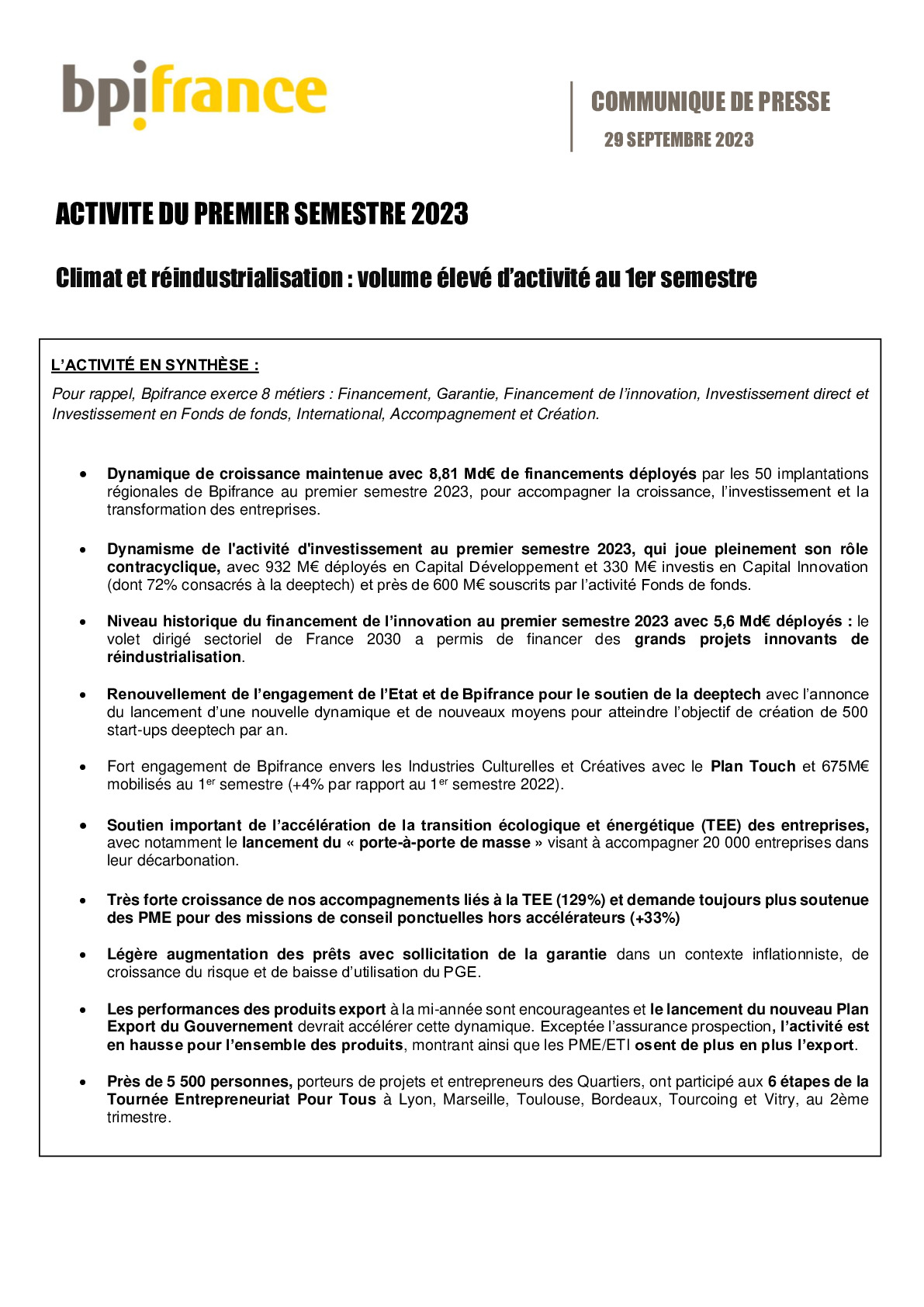 2023 09 29 – CP Bpifrance – ACTIVITE DU PREMIER SEMESTRE 2023-pdf