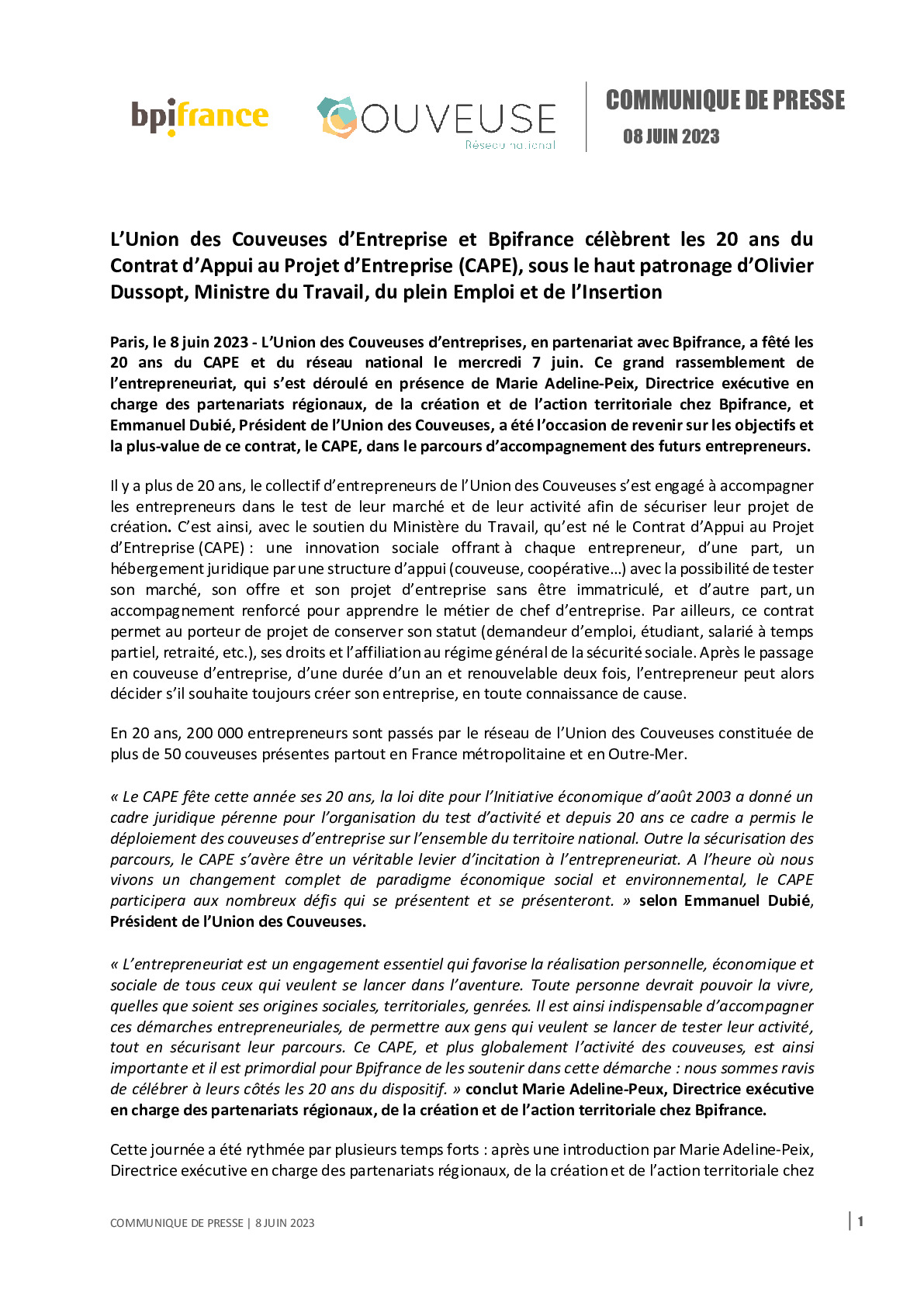 2023 06 08 – CP L’Union des Couveuses d’Entreprise et Bpifrance célèbrent les 20 ans du Contrat d’Appui au Projet d’Entreprise (CAPE)-pdf