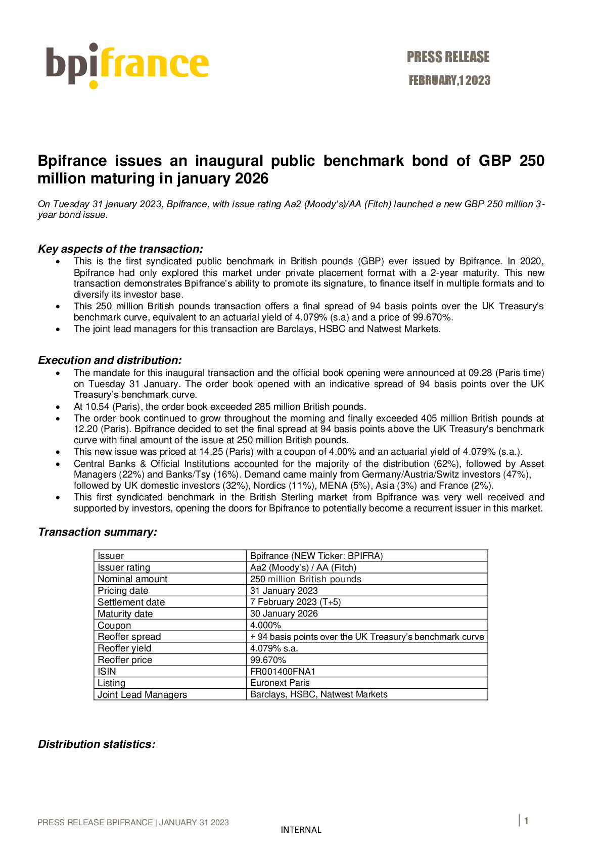 2023 02 01 – PR – Bpifrance issues an inaugural public benchmark bond of GBP 250 million maturing in january 2026-pdf