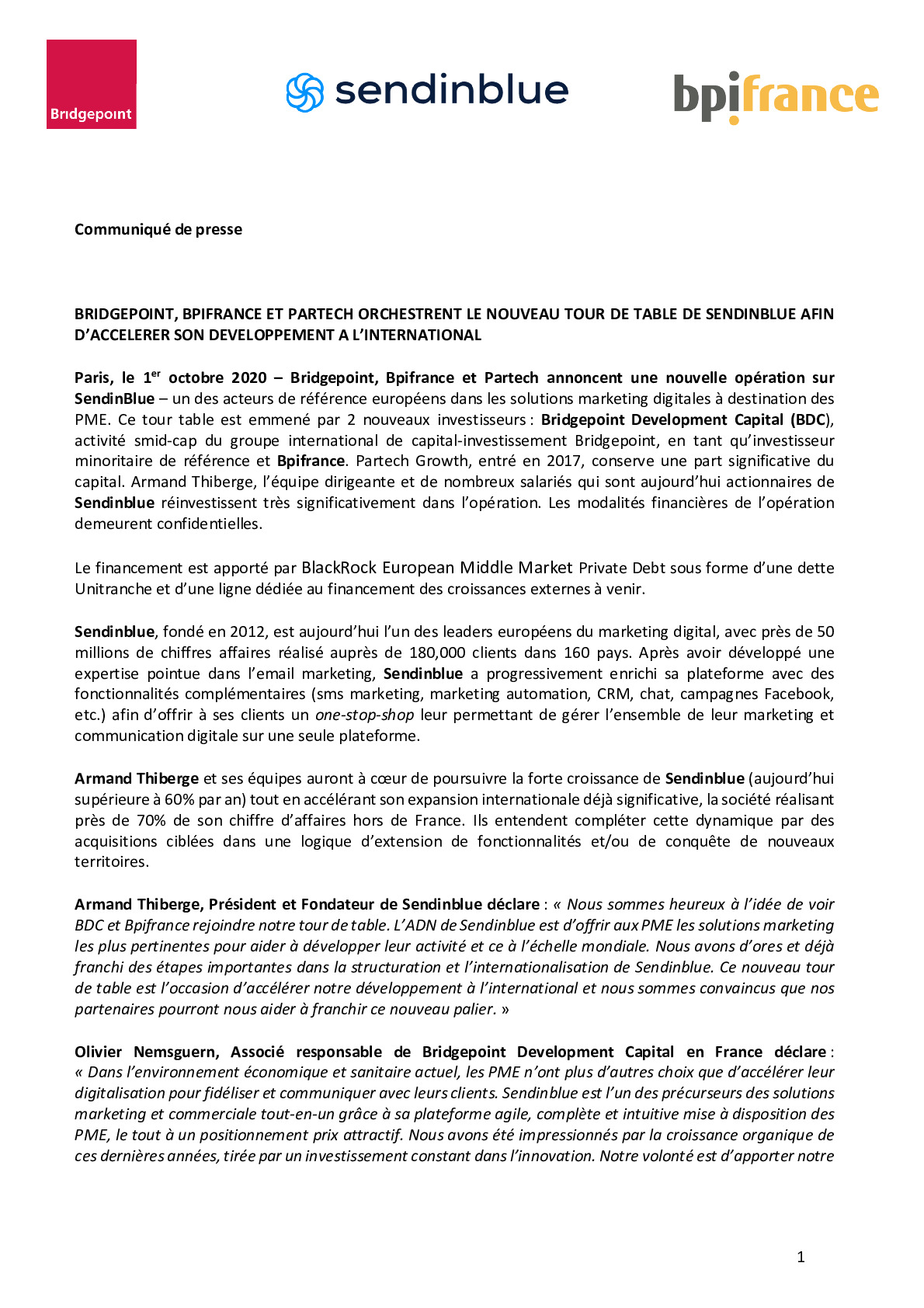 2020 10 01 – CP Sendinblue –  Bridgepoint – Bpifrance – Partech-pdf