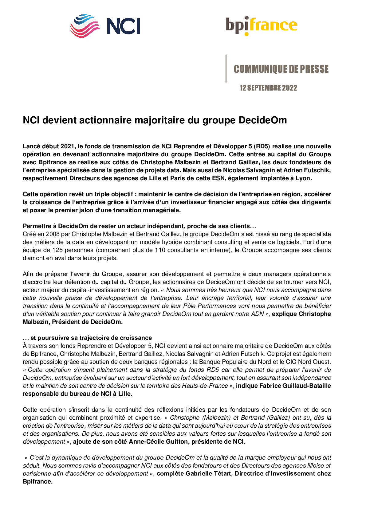 2022 09 12 – CP Bpifrance – NCI devient actionnaire majoritaire du groupe DecideOm-pdf