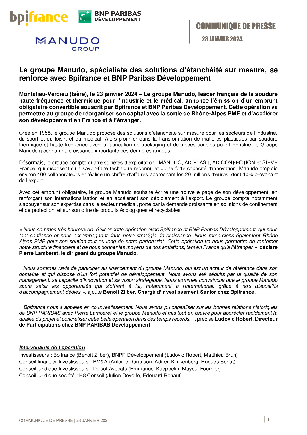 2024 01 23 – CP Bpifrance – Le groupe Manudo, spécialiste des solutions d’étanchéité sur mesure, se renforce avec Bpifrance et BNP Paribas Développement