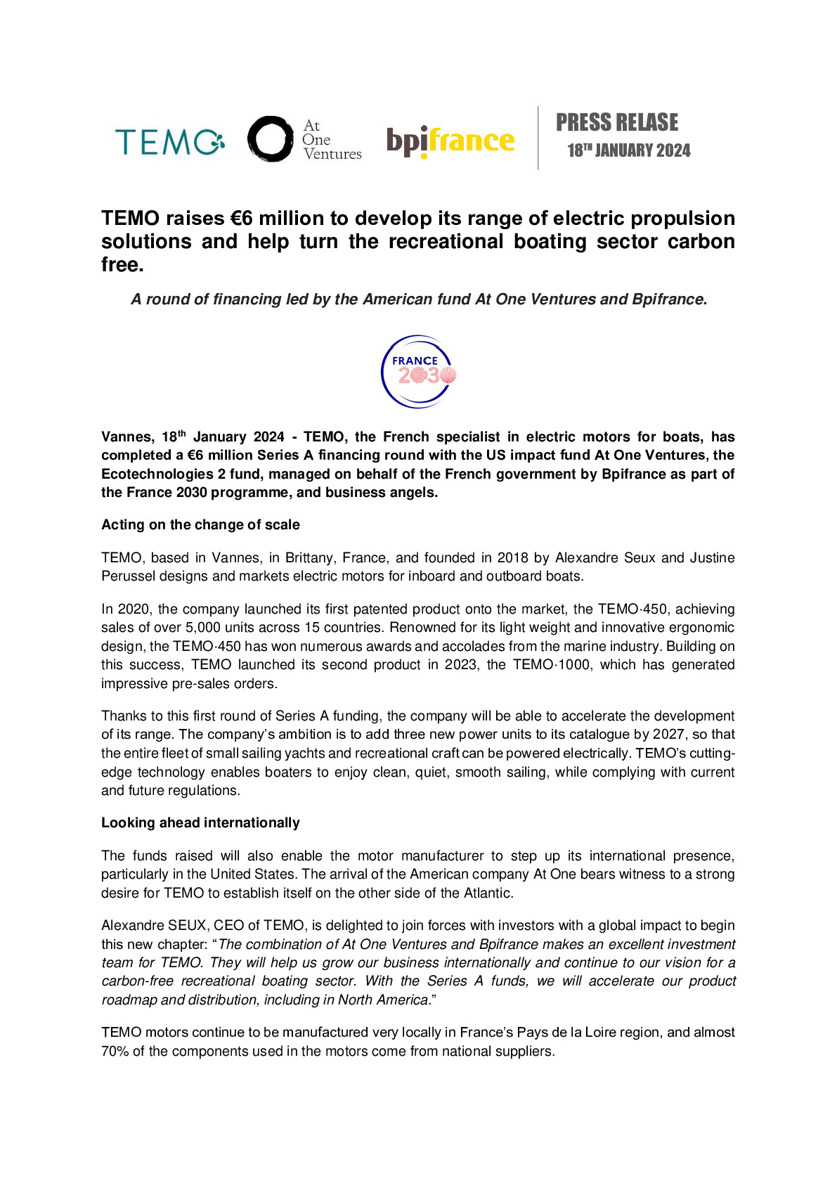 2024 01 18 – TEMO raises €6 million to develop its range of electric propulsion solutions and help turn the recreational boating sector carbon free-pdf