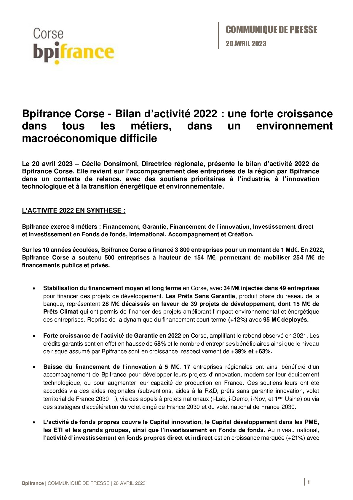 2023 04 20 – CP Bpifrance – Bpifrance Corse – Bilan d’activité 2022 – une forte croissance dans tous les métiers, dans un environnement macroéconomique difficile-pdf