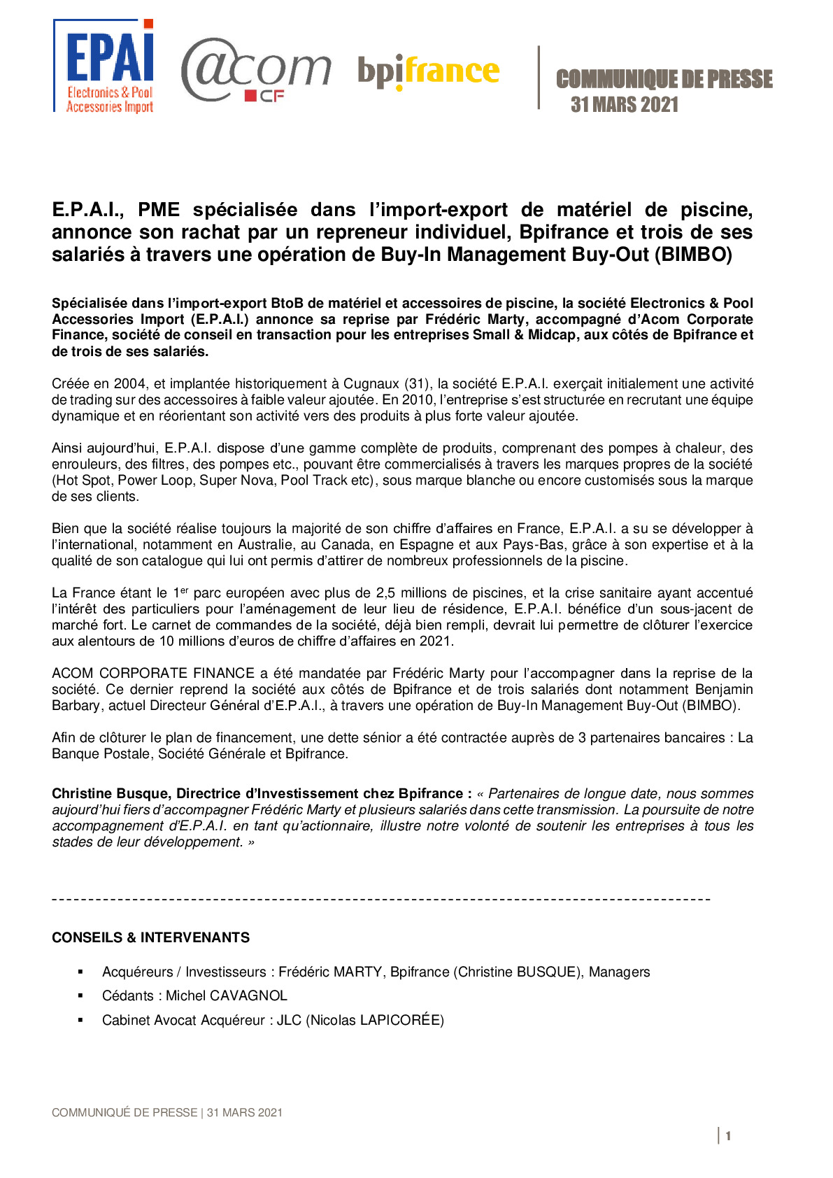 2021 03 31 – E-P-A-I- annonce son rachat par un repreneur individuel Bpifrance et trois de ses salaries a travers une operation de Buy-In Management Buy-Out BIMBO-pdf