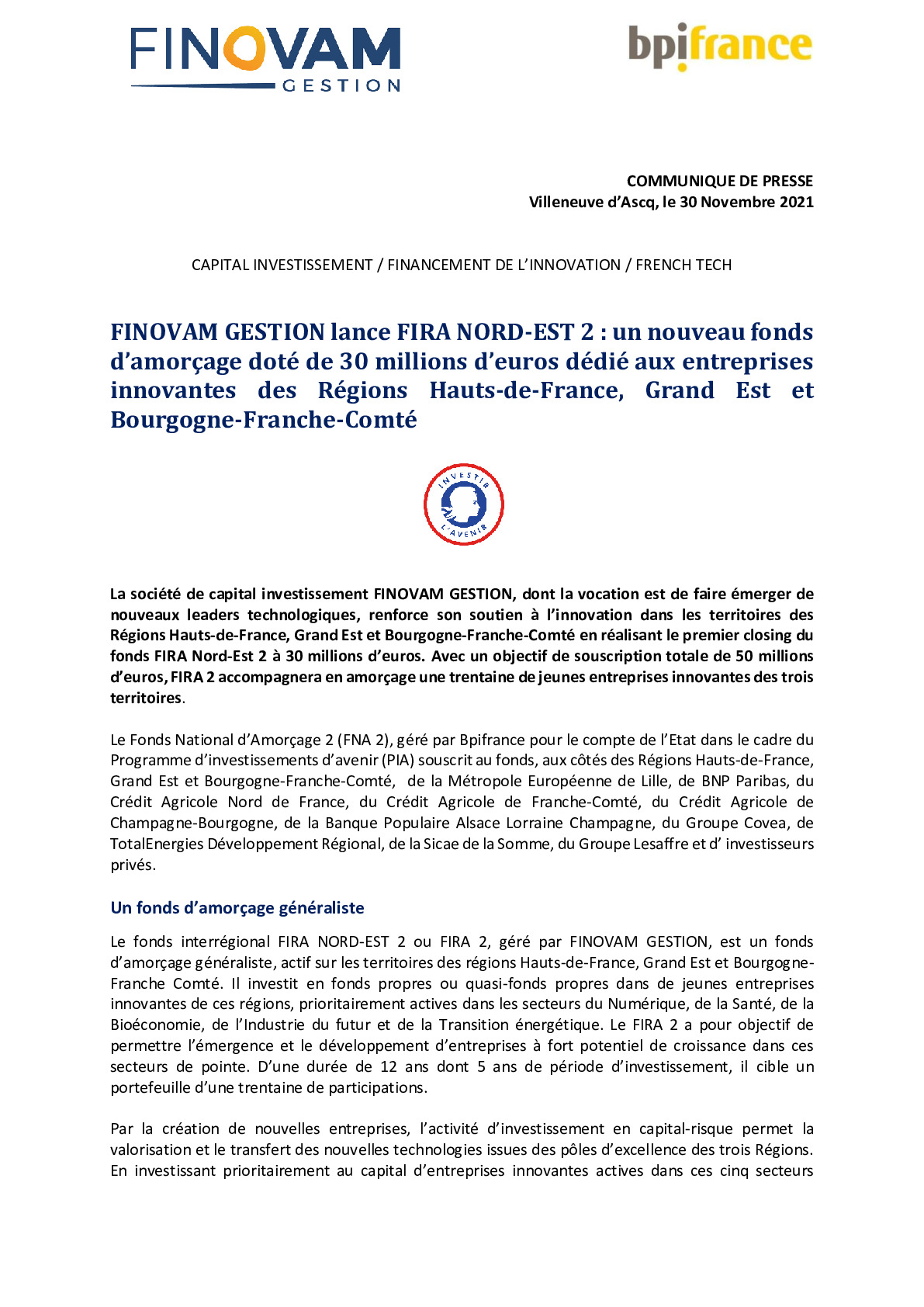 2021 11 30 – CP – FINOVAM GESTION lance FIRA NORD-EST 2 -pdf