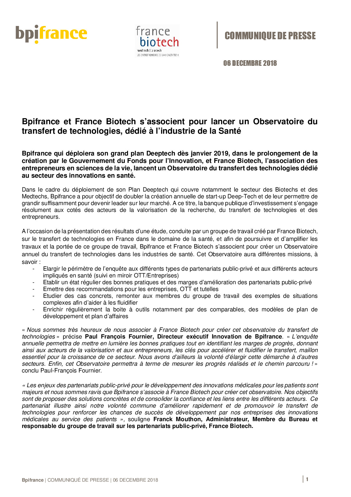 2018 12 06 CP Bpifrance – France Biotech – Lancement Observatoire du trasfert de technlologies dedie a la sante-pdf