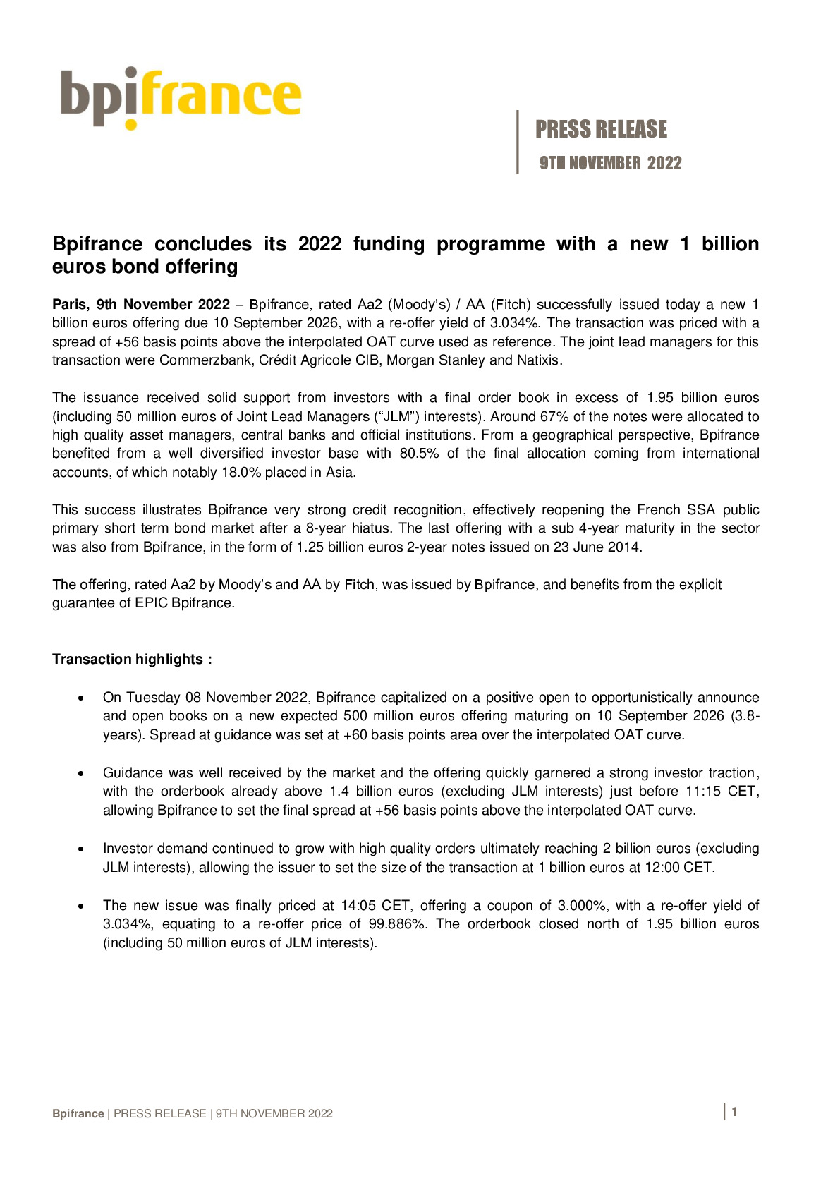 2022 11 09 – PR Bpifrance concludes its 2022 funding programme with a new 1 billion euros bond offering-pdf