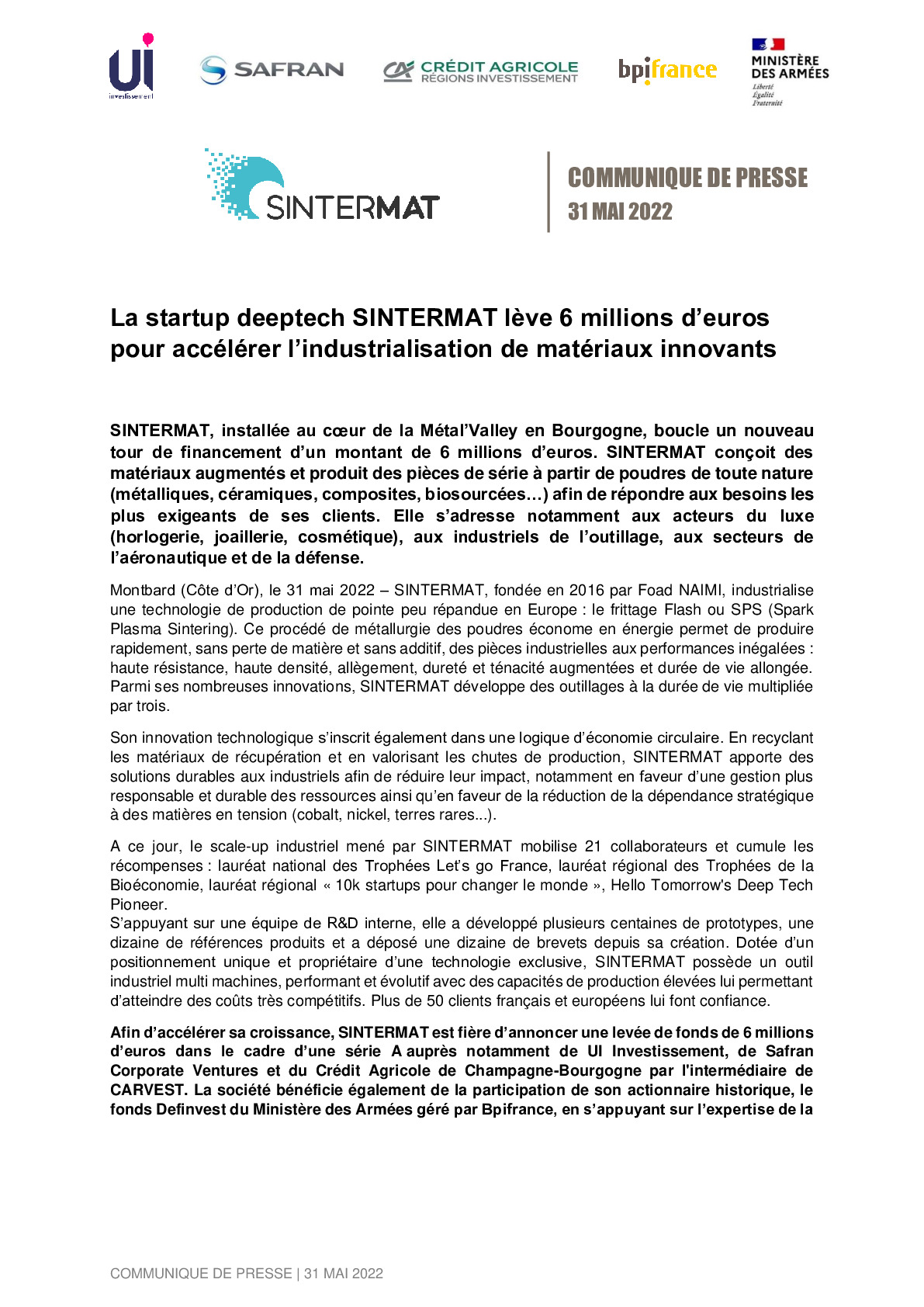 2022 05 31 – CP SINTERMAT Serie A – UI Carvest Bpifrance-pdf